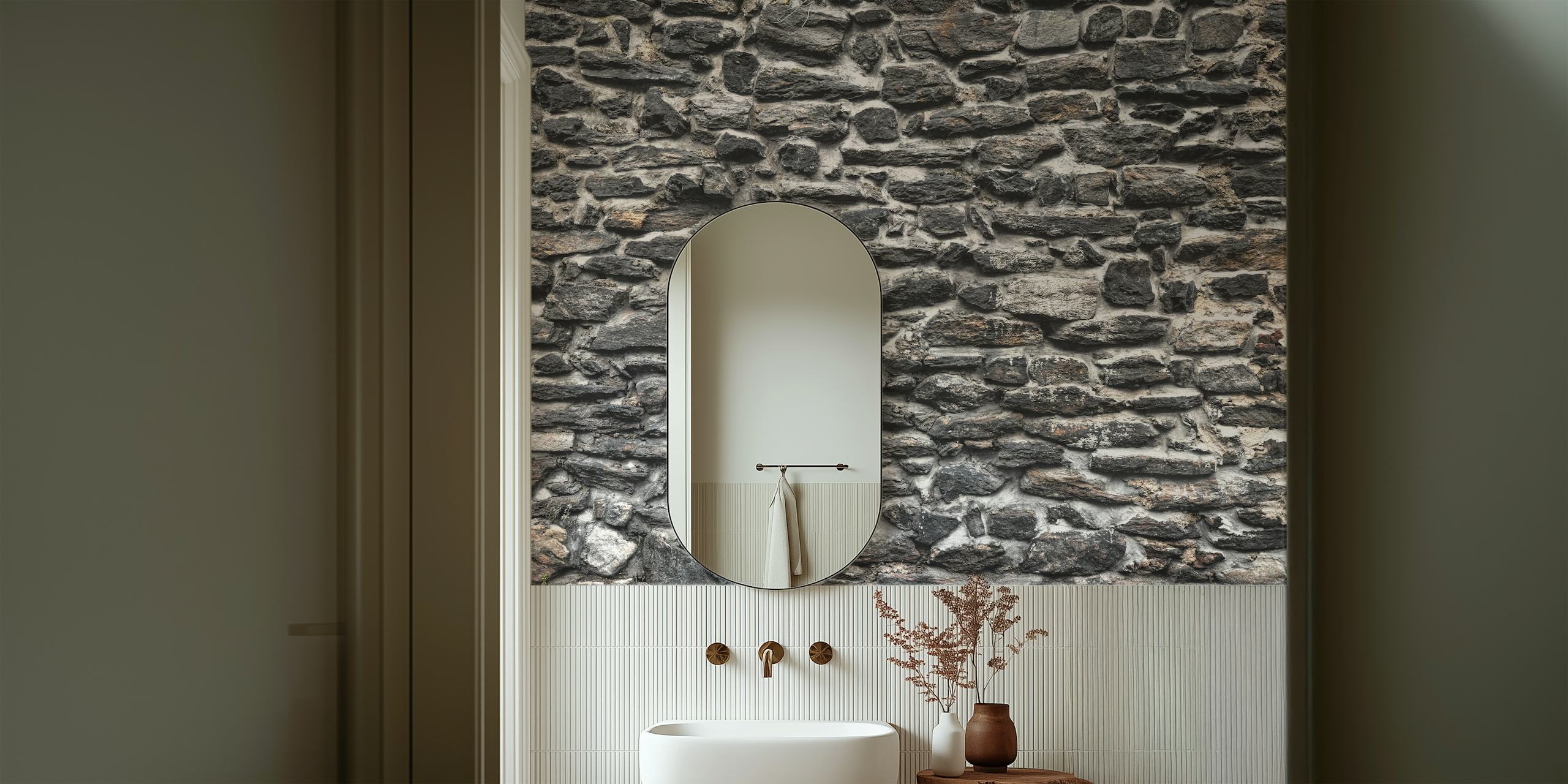 Stone Stacks zidna slika s detaljnim uzorkom prirodno raspoređenog kamenja u nijansama sive.