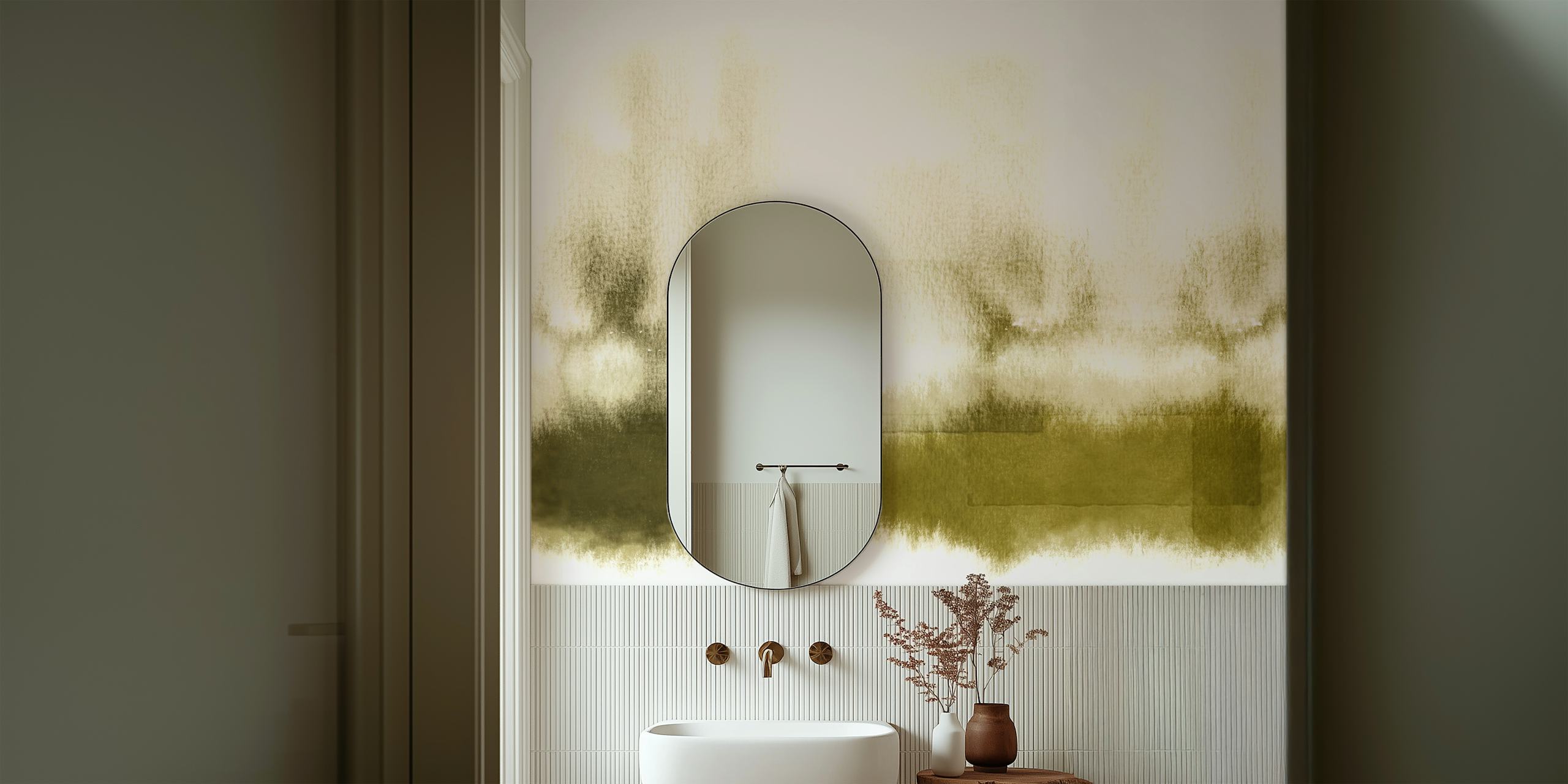 Vihreä vesiväriseinä näyttelyssä huoneessa