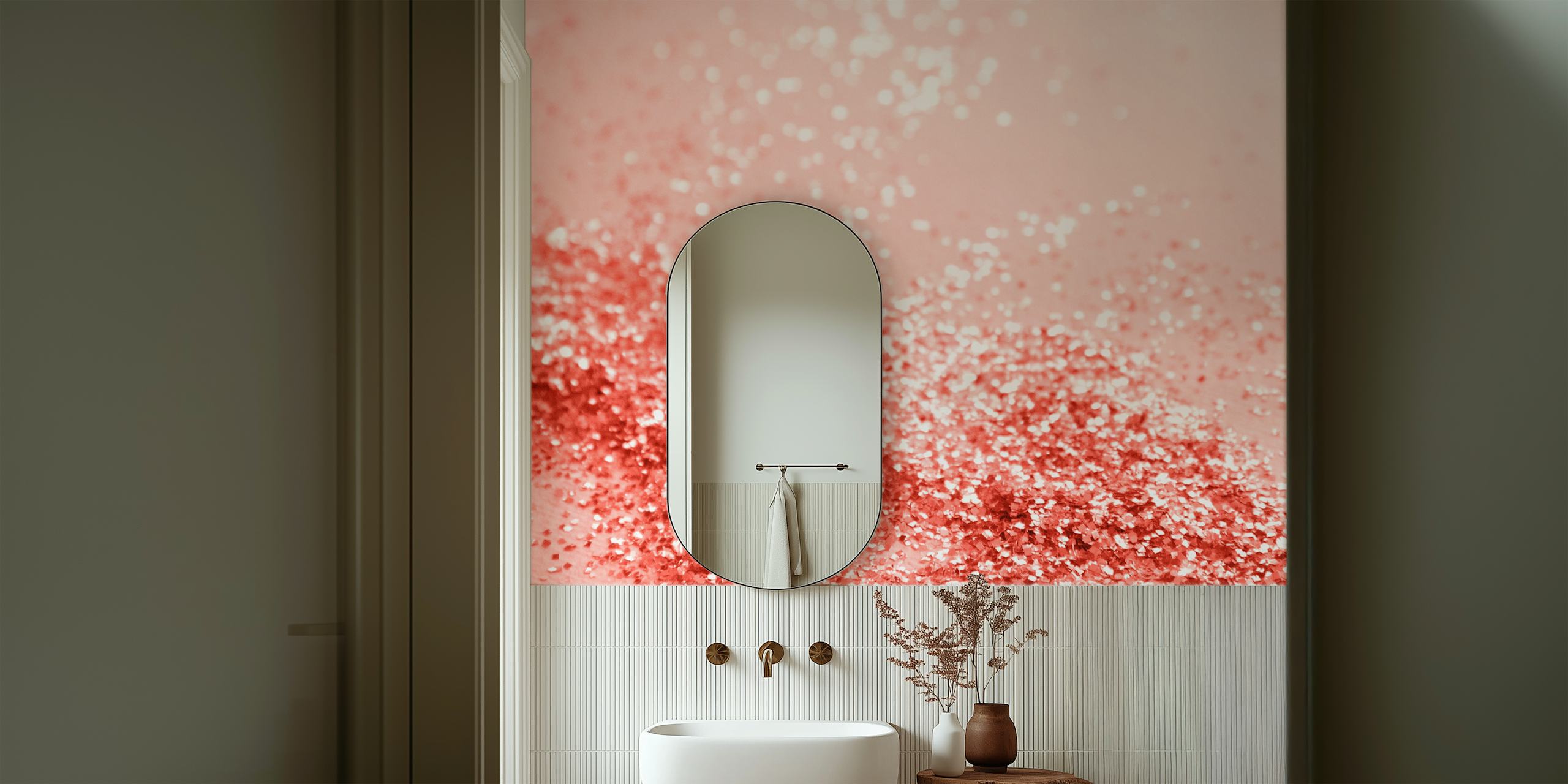 Living Coral Lady Glitter 2 wallpaper in a room