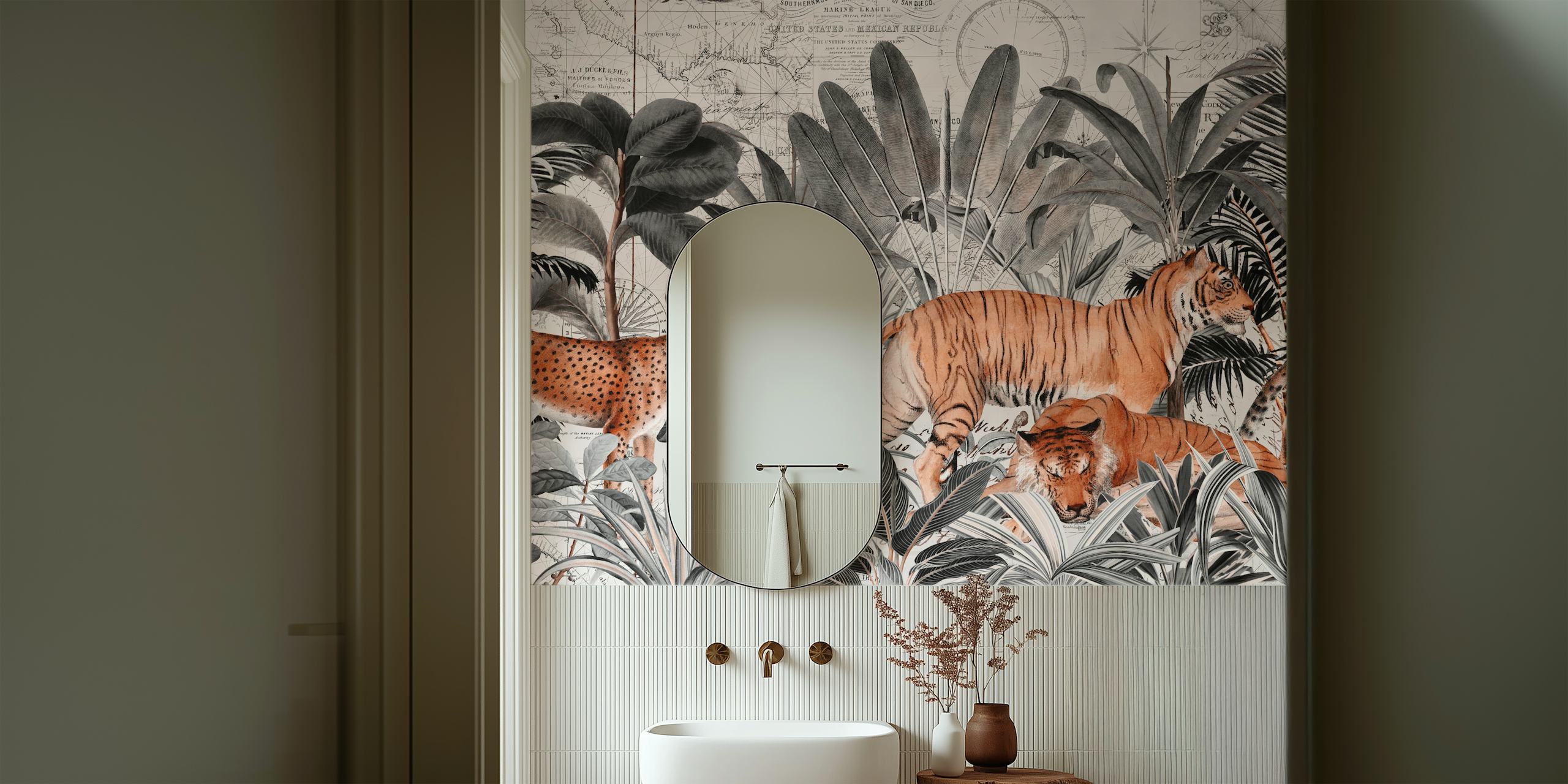 Tigers and a cheetah among tropical leaves in black and white wallpaper