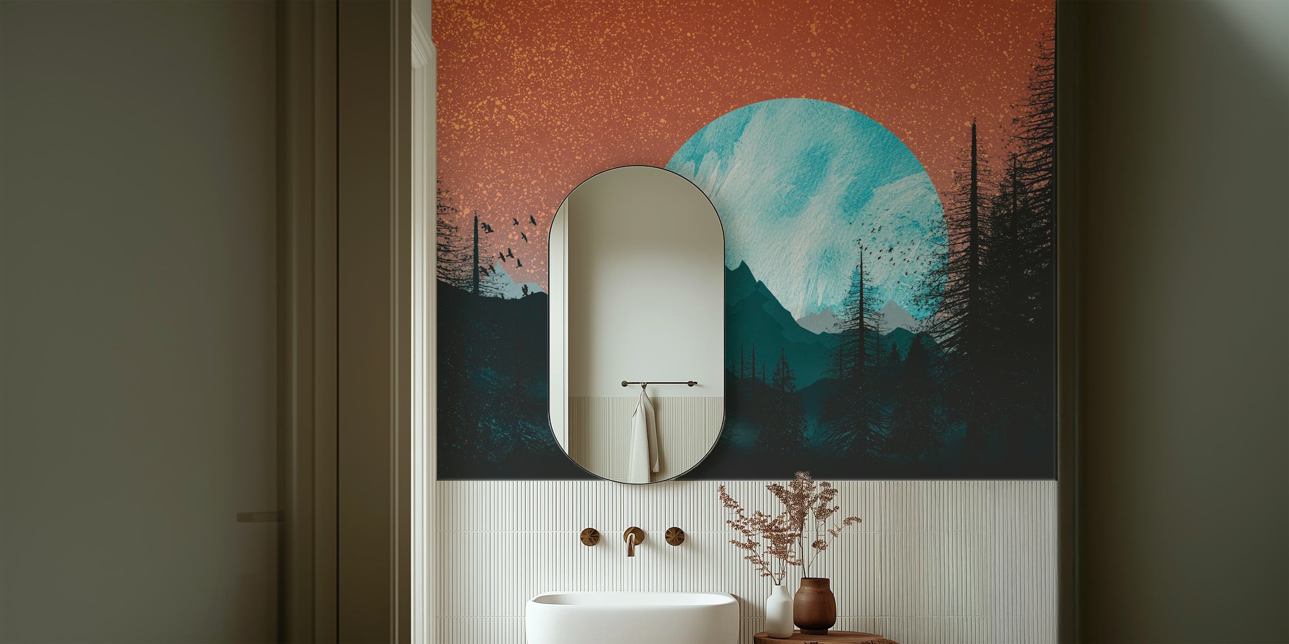 Mountain landscape with a blue moon and starry sky wallpaper