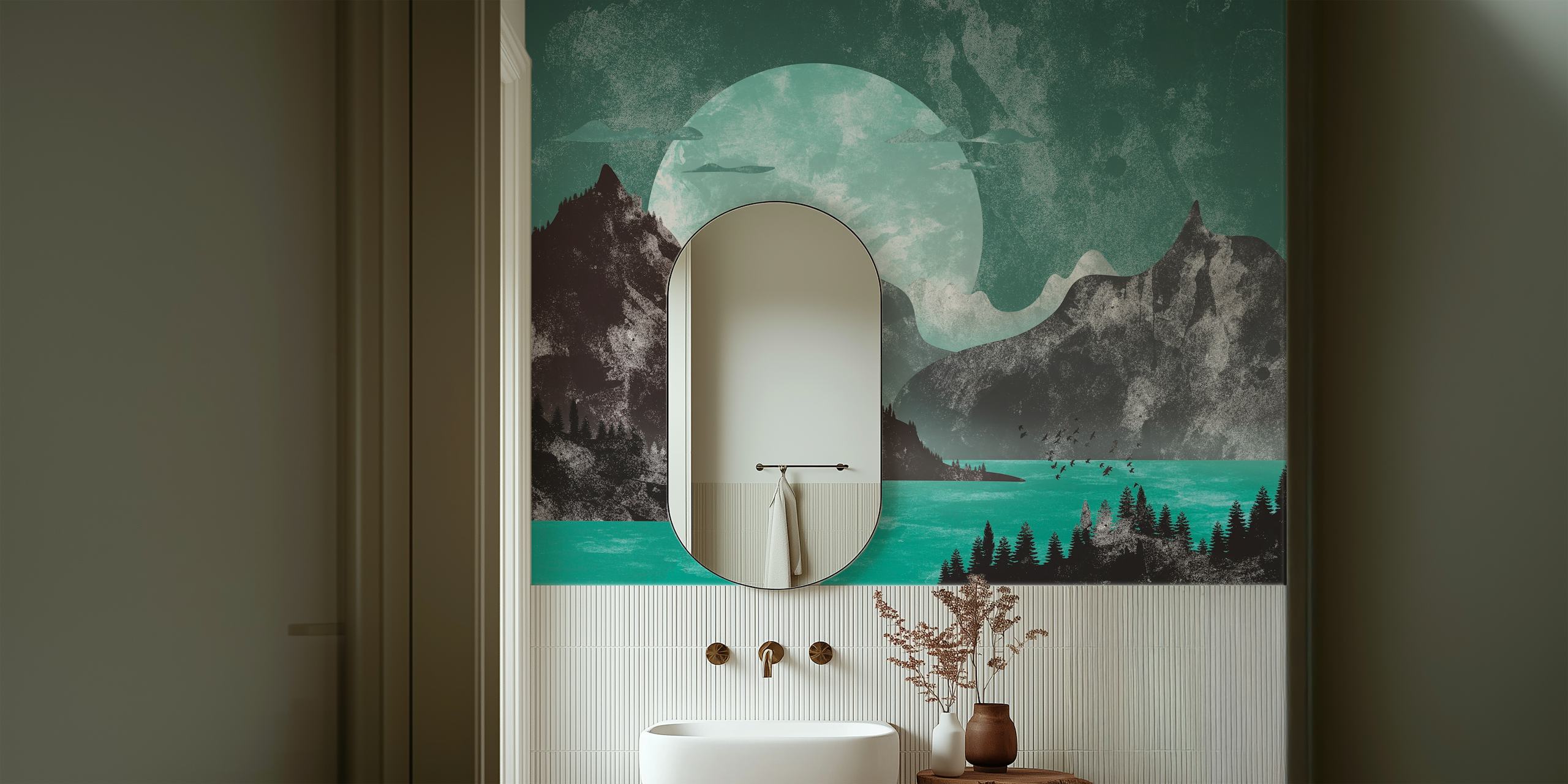 Mountain lake scene with teal water and gray mountains wallpaper