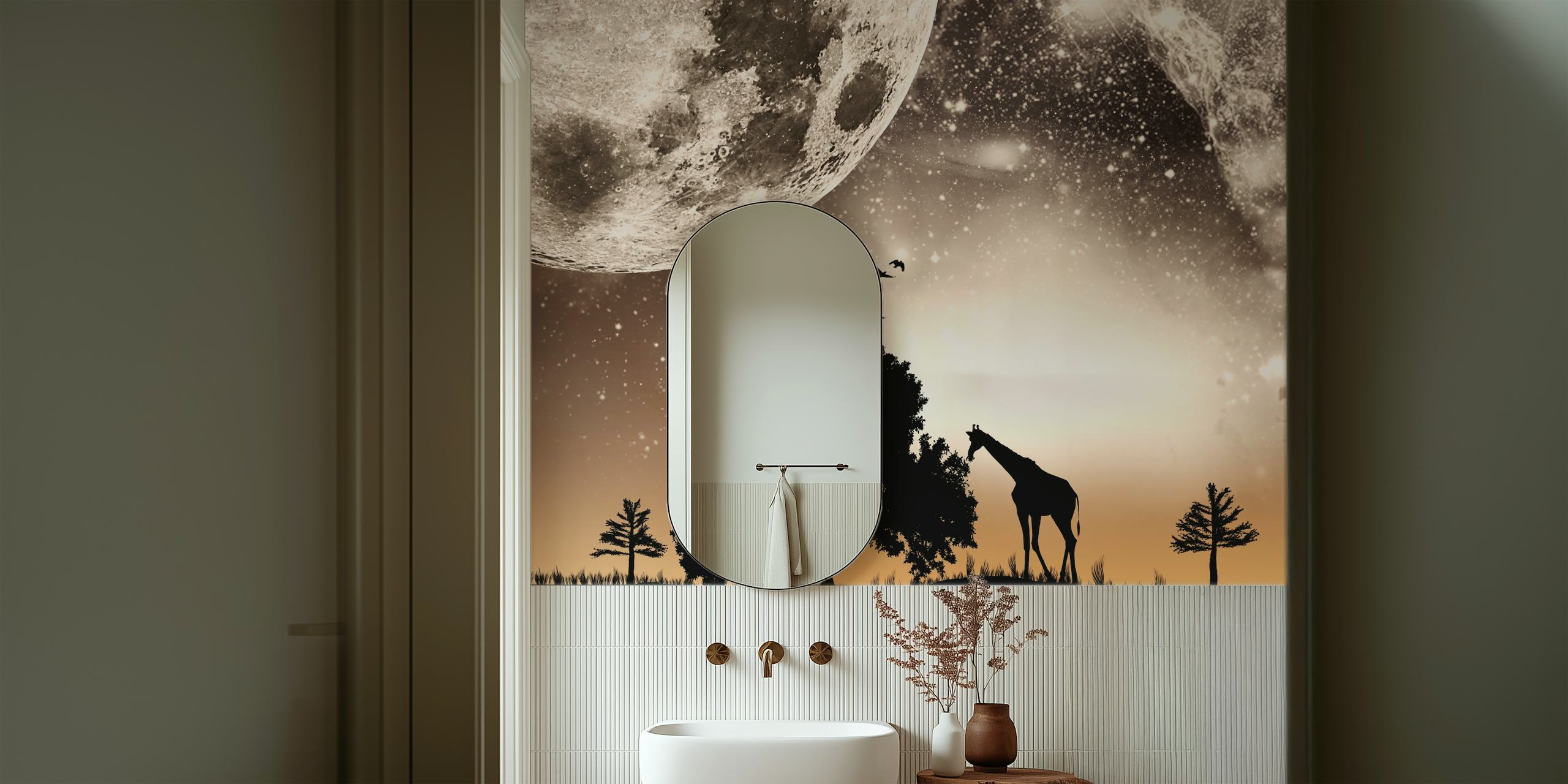 Giraffe silhouette against a large moon and starry night wallpaper
