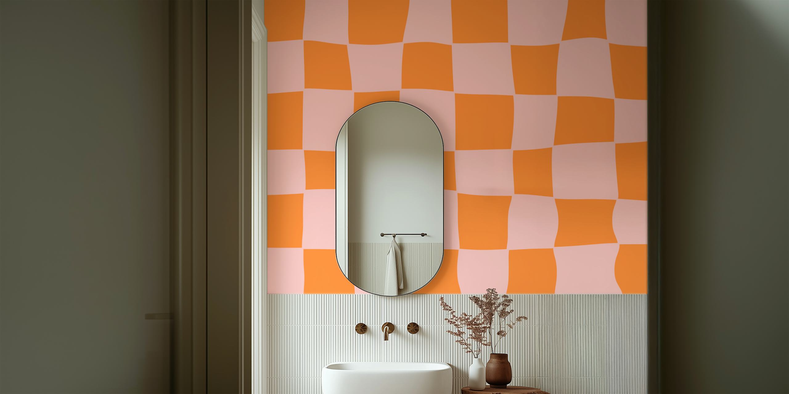 Checkerboard pattern in orange and pink colors wallpaper