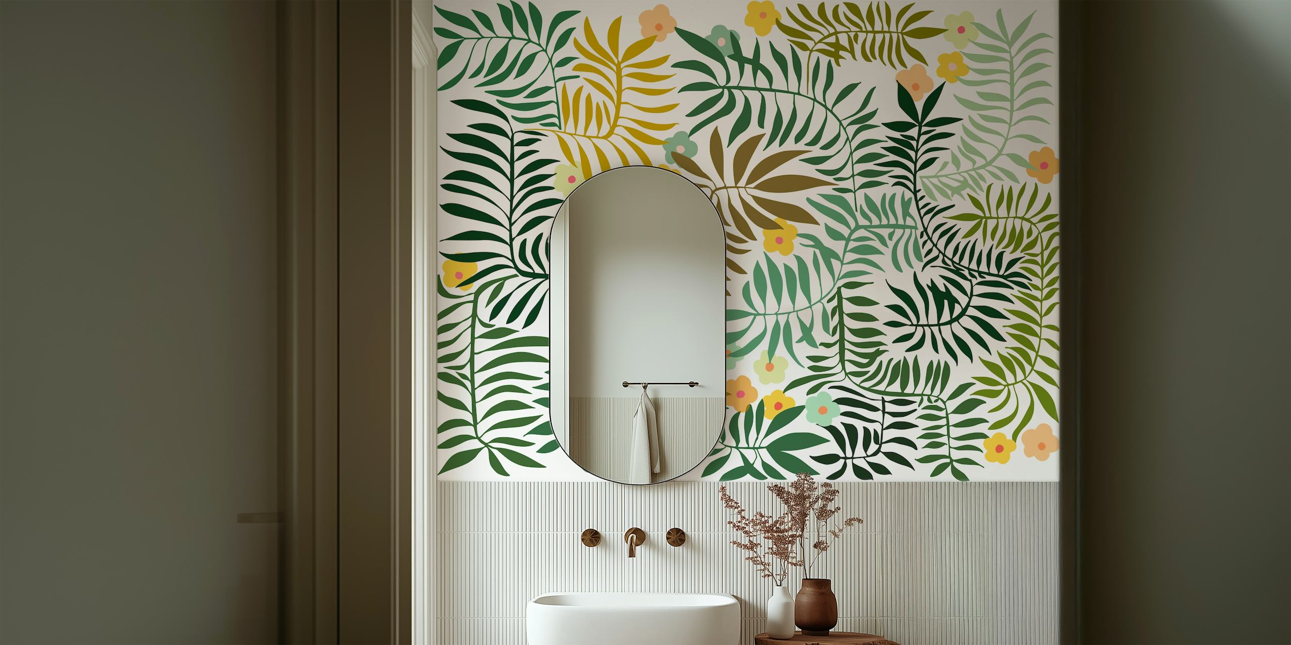 Tropical leaves with colorful flowers in green, yellow, and pink wallpaper