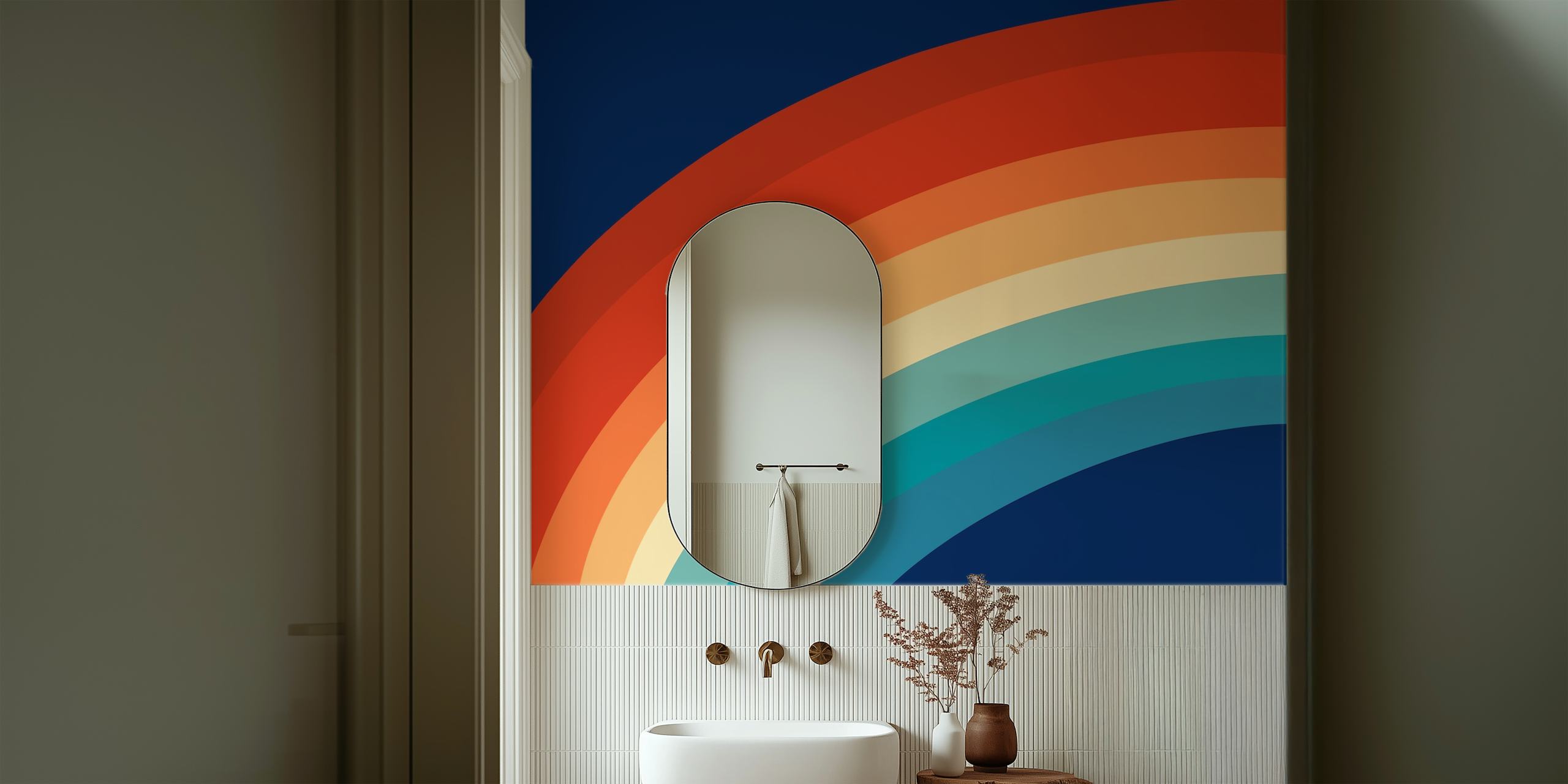 Colorful retro rainbow wallpaper in room setting