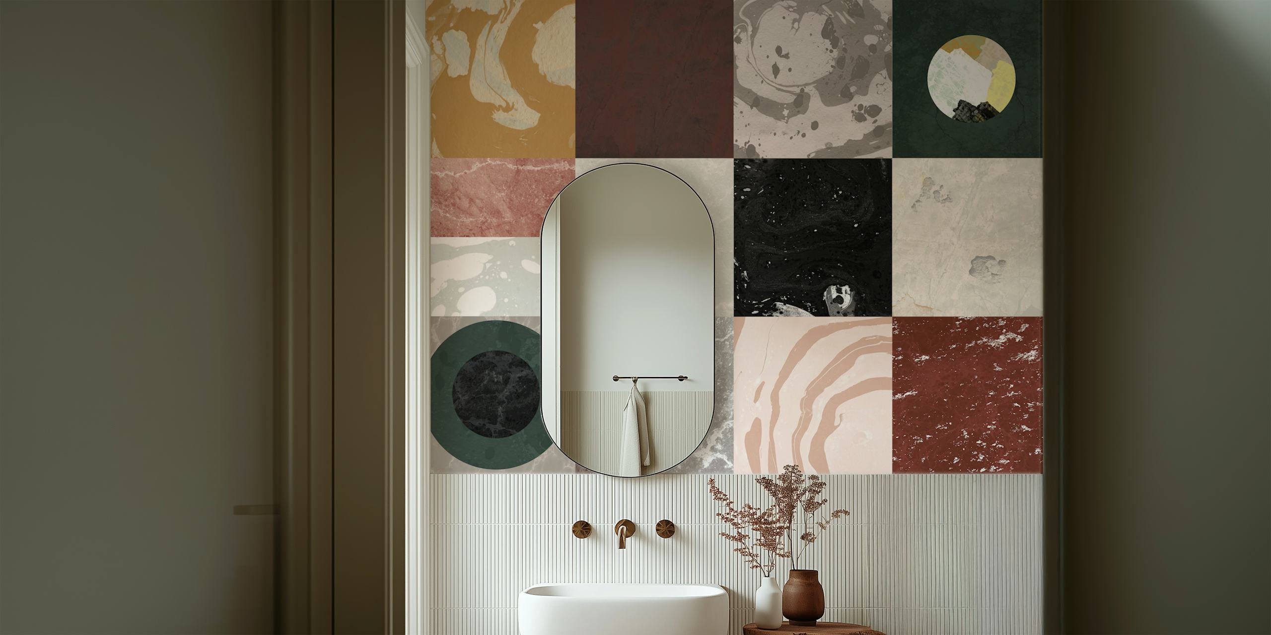 Geometric marble effect wallpaper in earthy tones, black, and white.