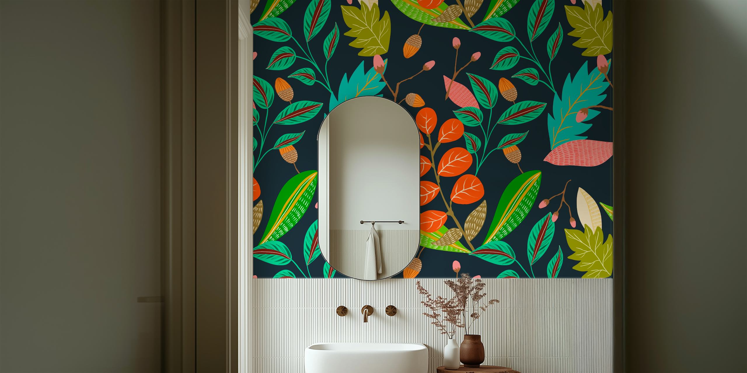 Colorful floral design with orange leaves, green foliage, and a navy background wallpaper
