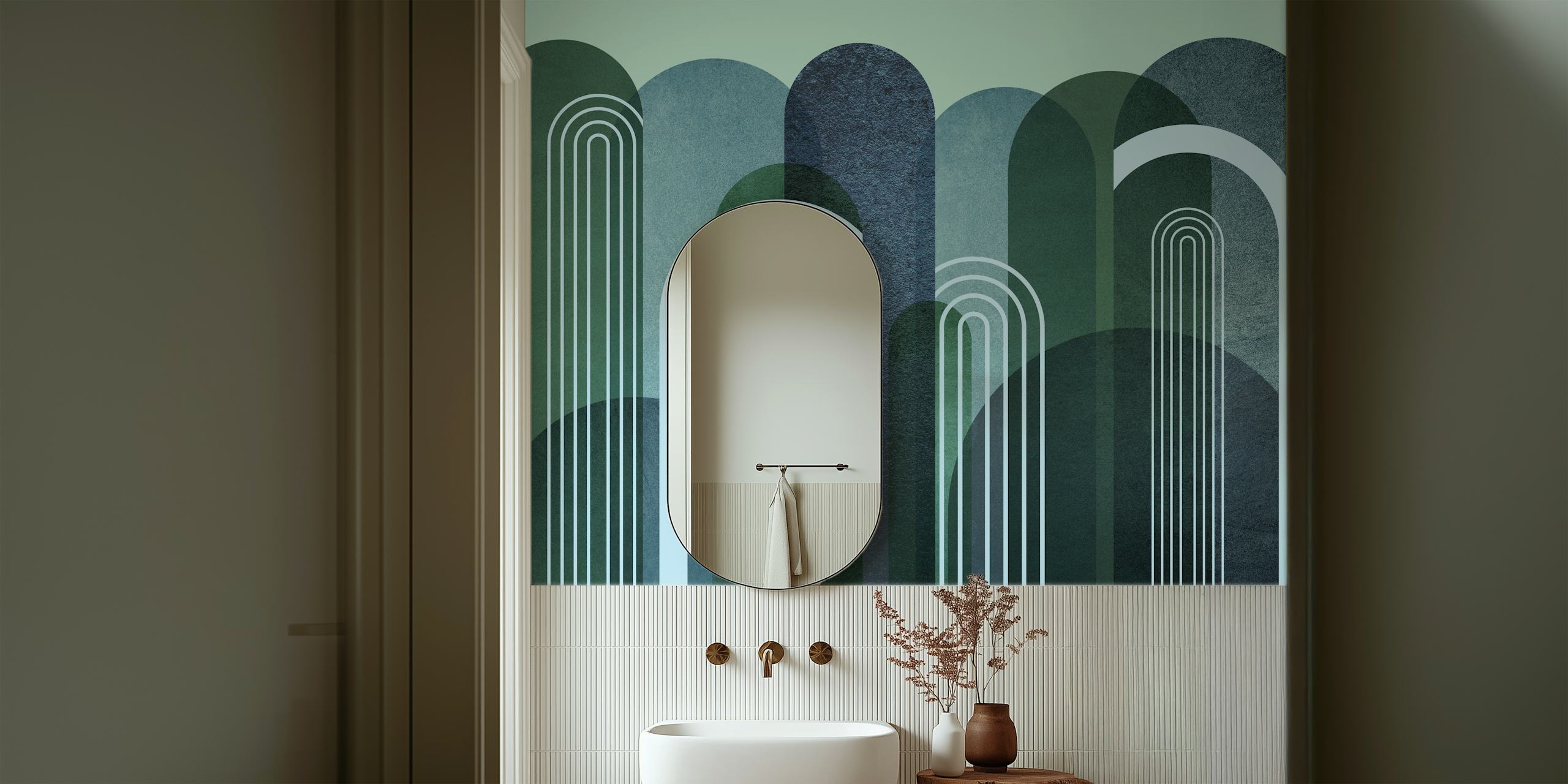 Papel tapiz Blue and Green Abstract Arches en una habitación