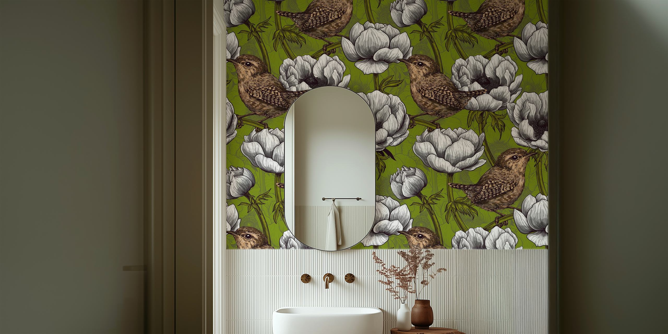 Wrens and anemone flowers wallpaper in a room
