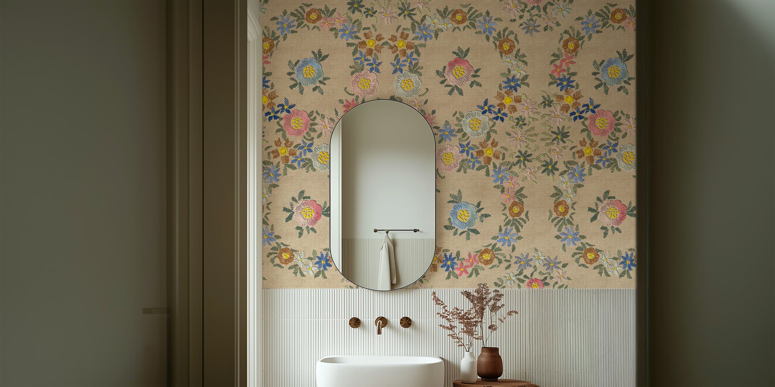 A wall mural featuring modern embroidered floral patterns on a subtle background