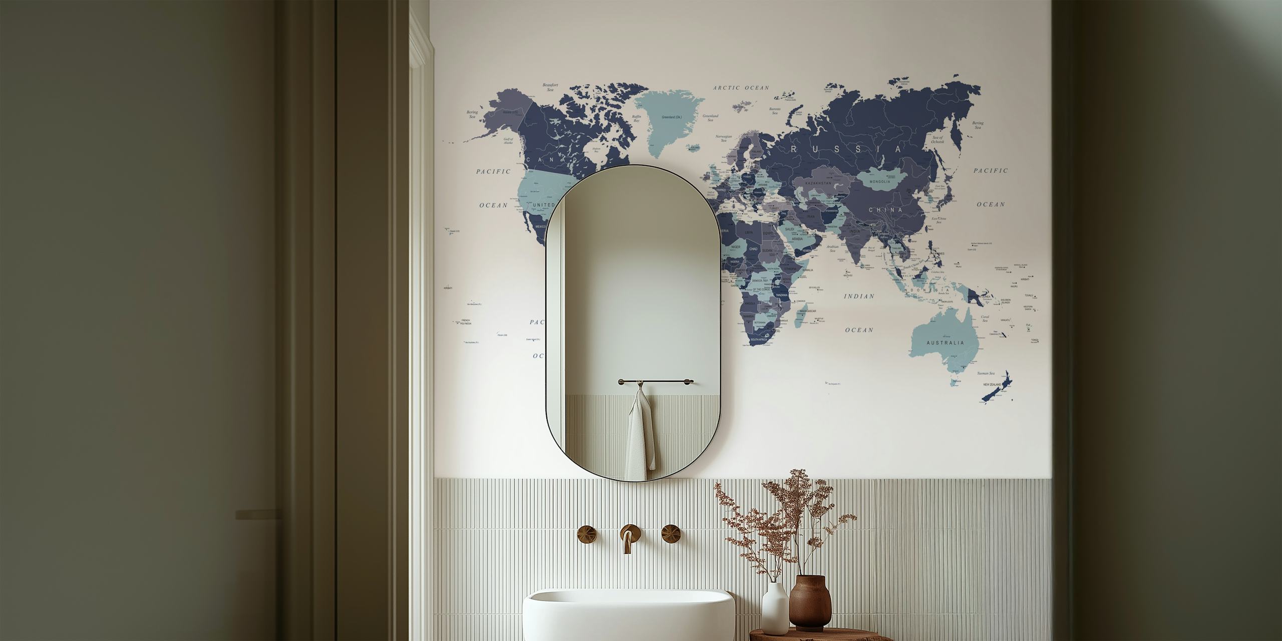 World map in blue and white colors with detail