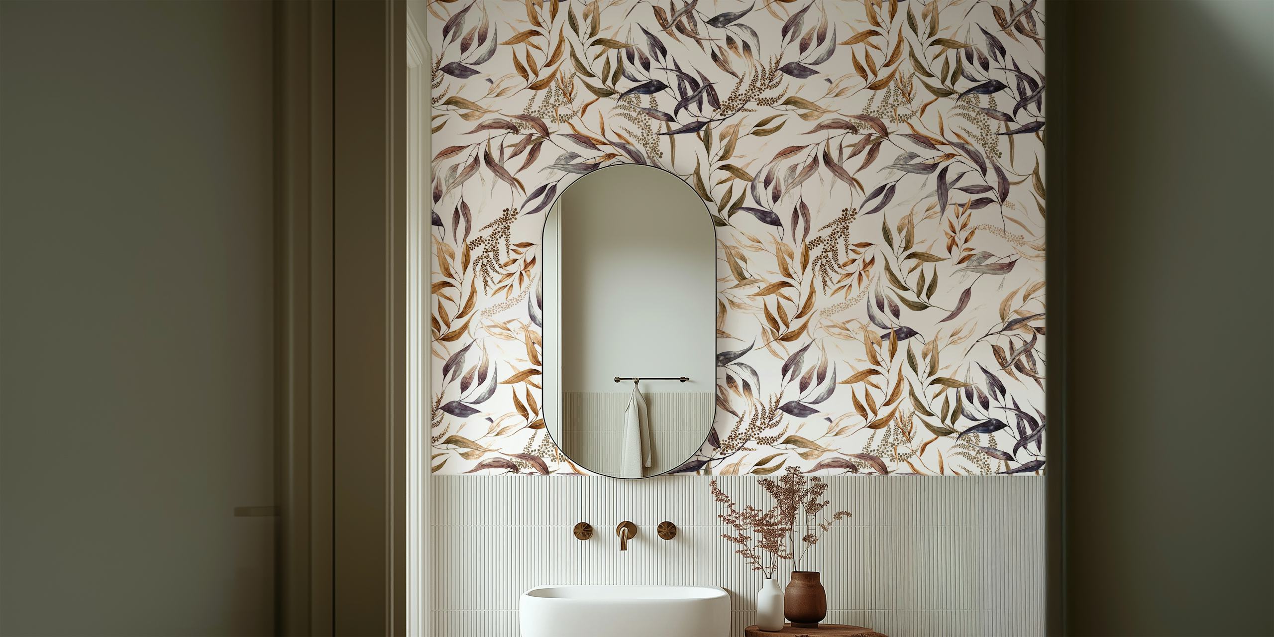 Um mural de parede sereno com um padrão de folhas inspiradas na natureza em cores suaves