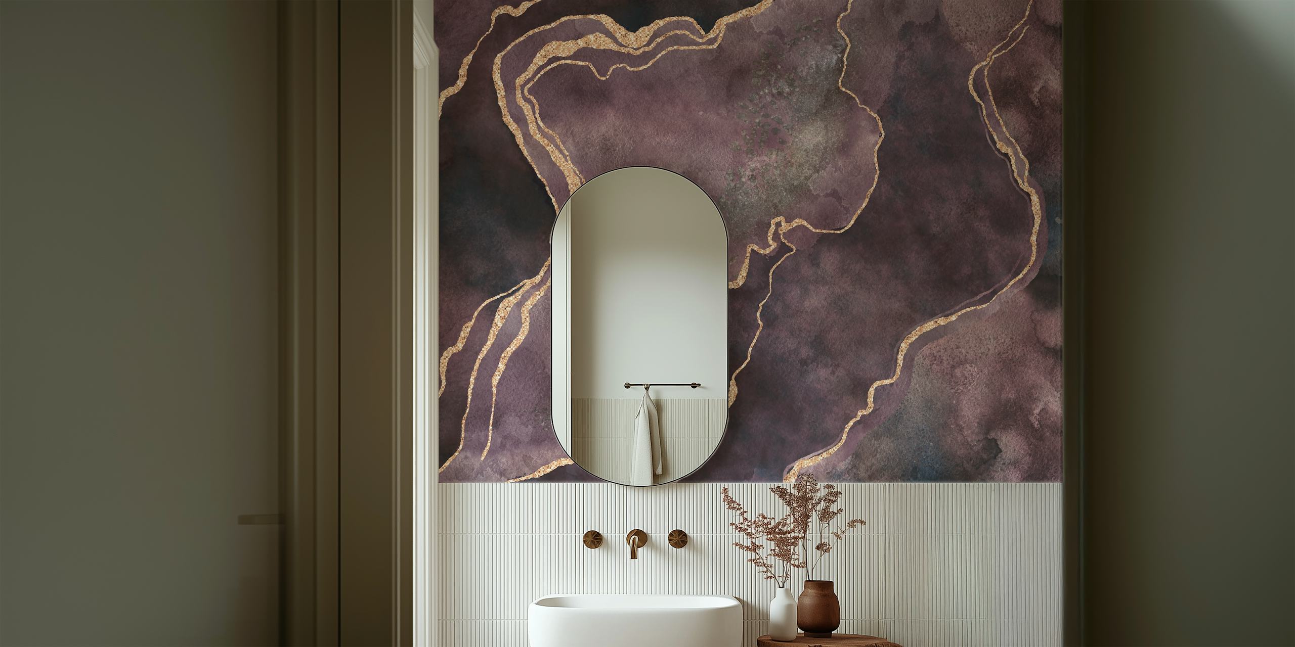Purple and gold swirl pattern wallpaper design in marble style