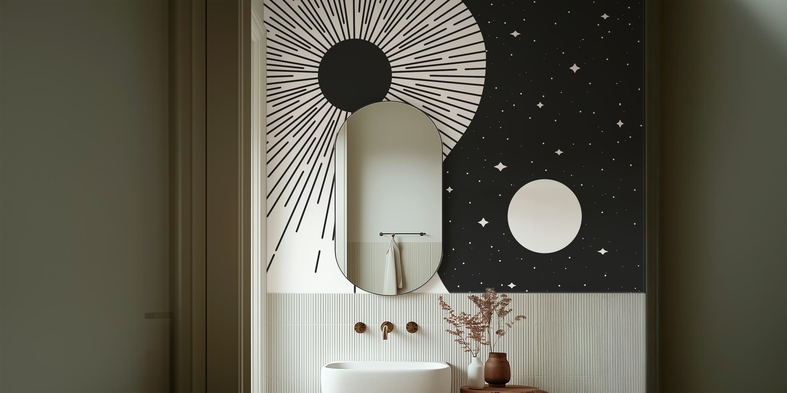 Yin Yang Sort solstråle og måne med stjerner vægmaleri