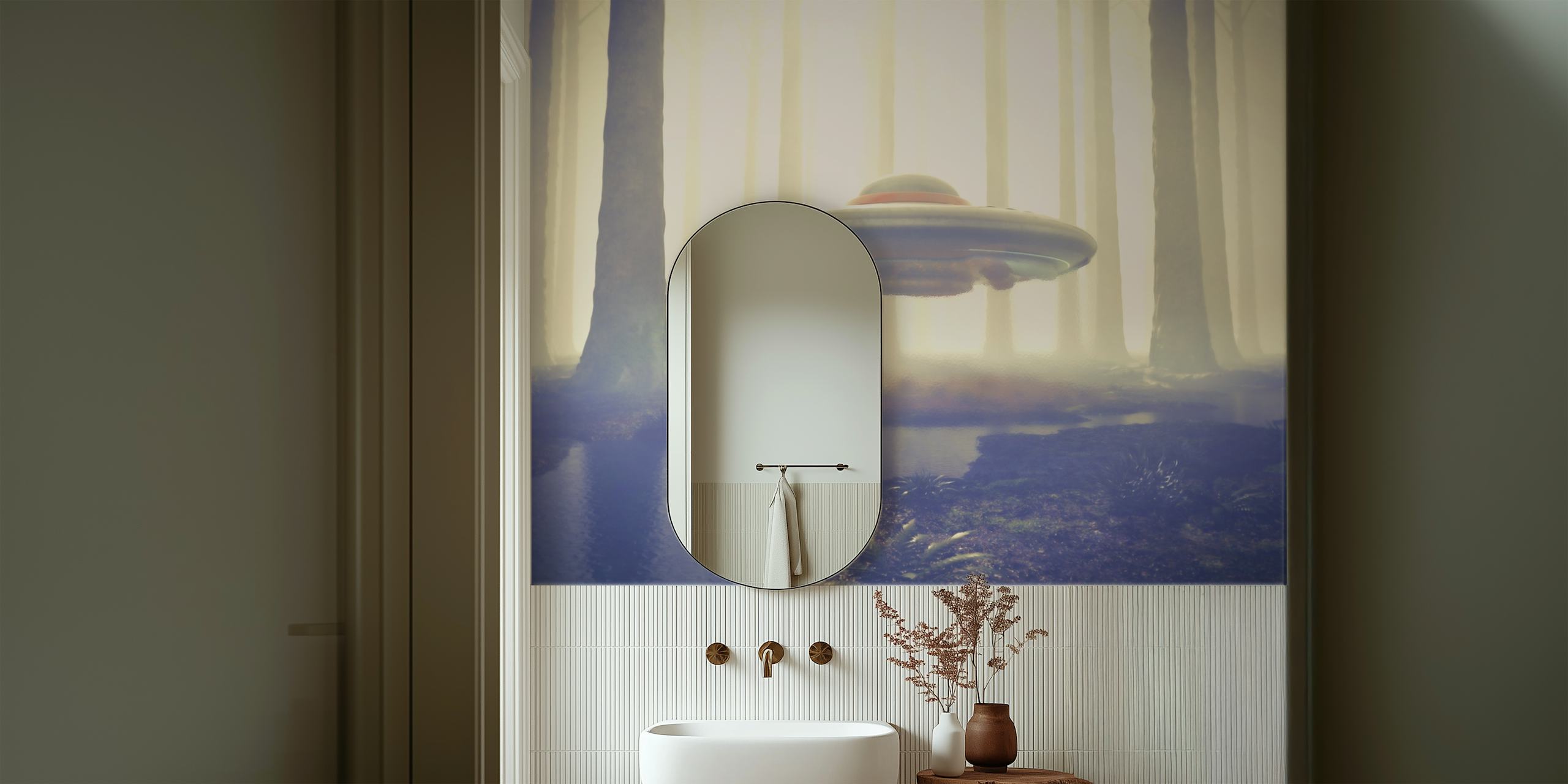 Intriguing Wall Mural featuring UFO in a vibrant forest