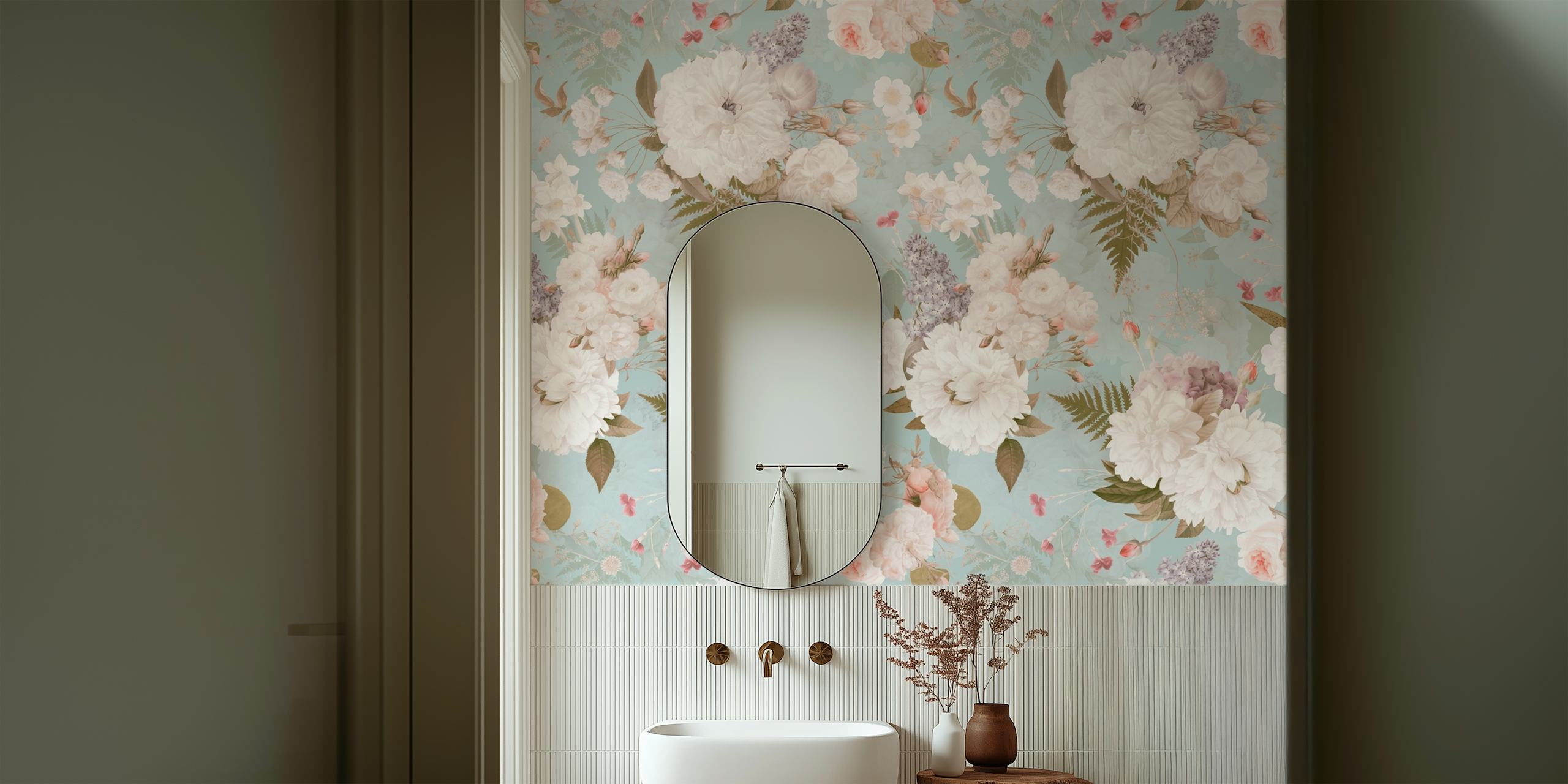 Τοιχογραφία τοίχου Blue Vintage Peony Garden με πλούσια λουλούδια σε ένα γαλήνιο σκηνικό