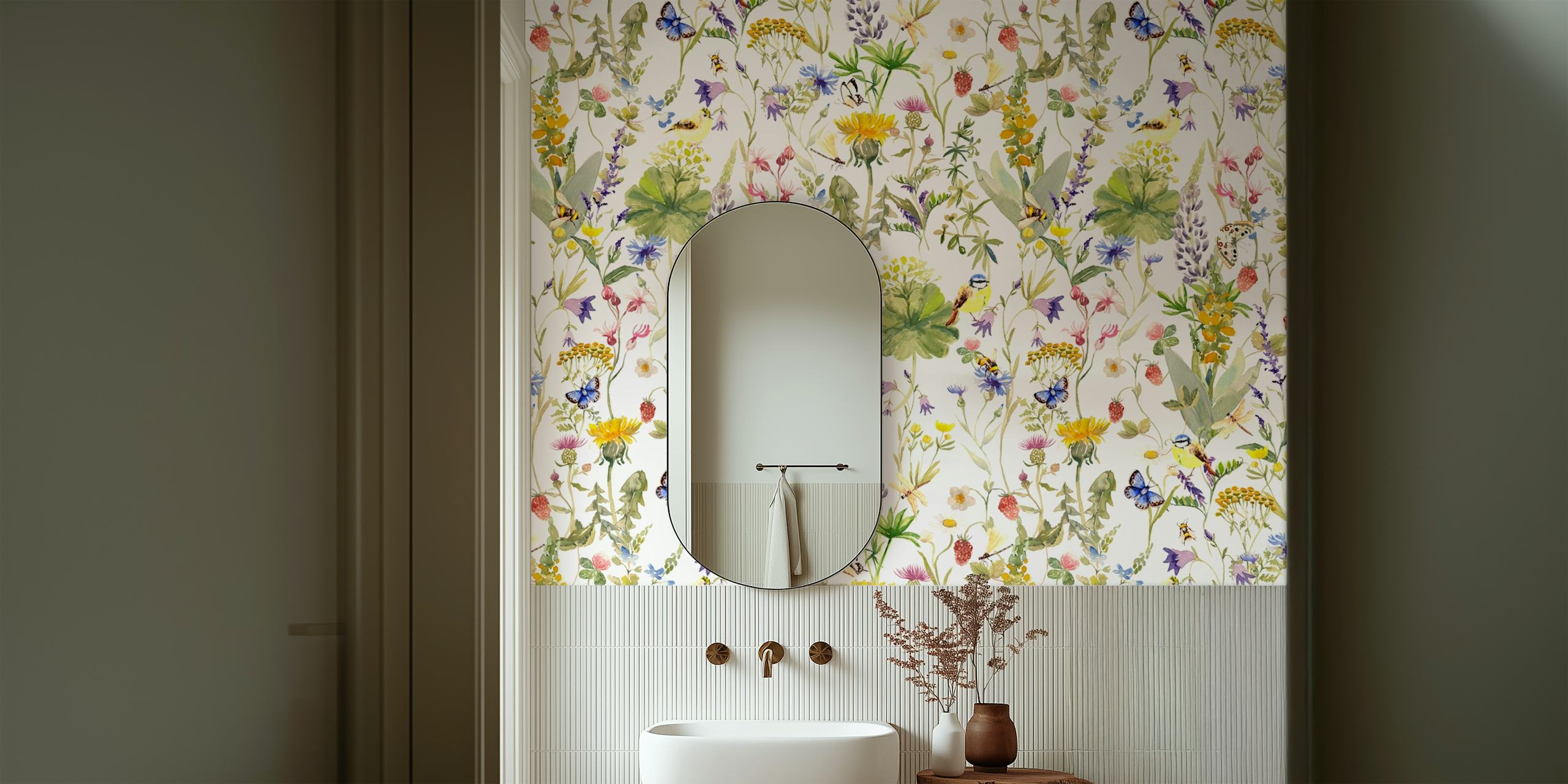 Design de papier peint floral avec des papillons et des fleurs sauvages