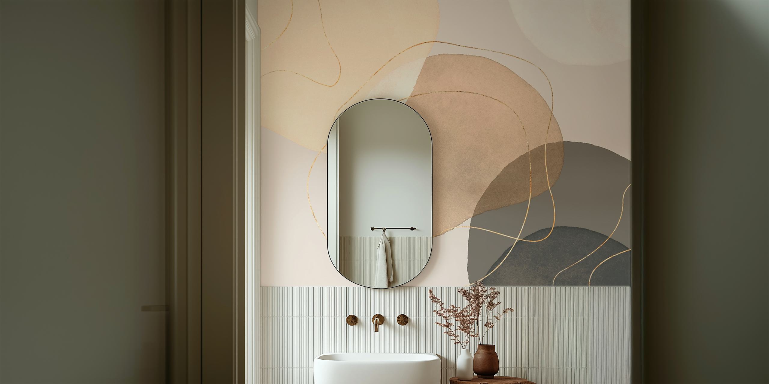 Abstract shapes in earthy tones of beige, taupe, and gray; modern wallpaper