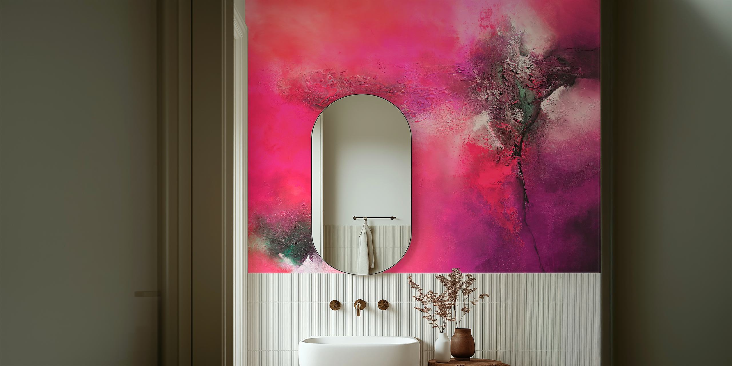 Abstract wall mural with vibrant pink and gray shades, resembling expressive art