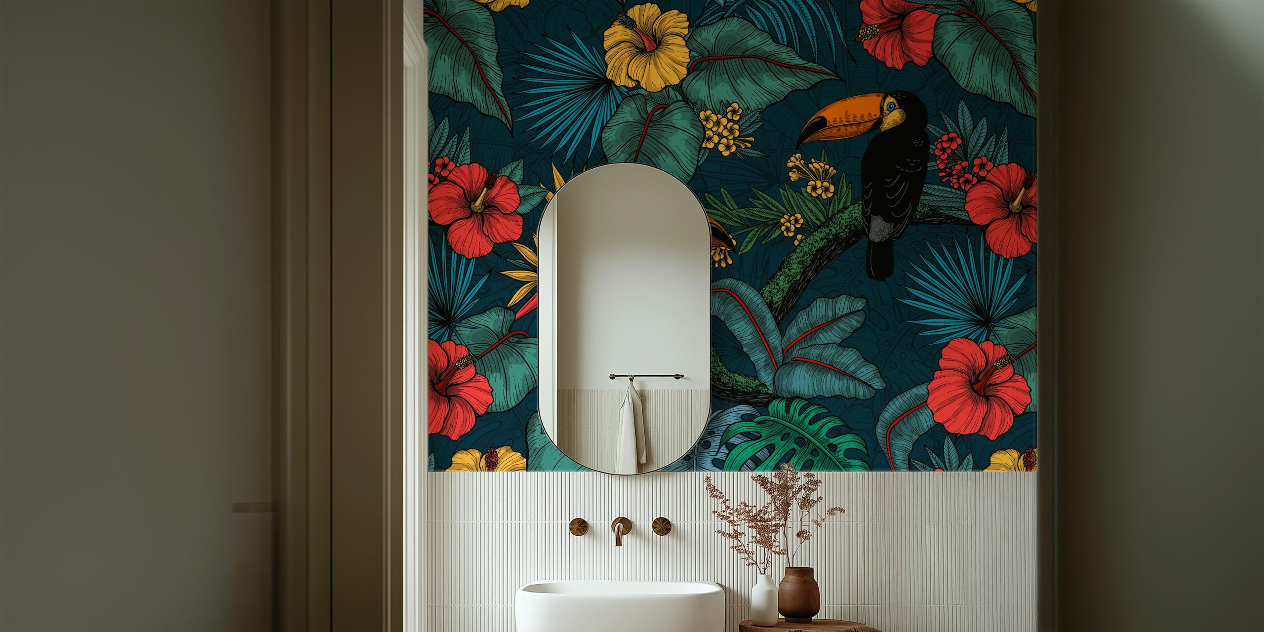 Fotomural vinílico de parede do Jardim Tucano com tucanos coloridos e flores tropicais em um fundo azul-petróleo.