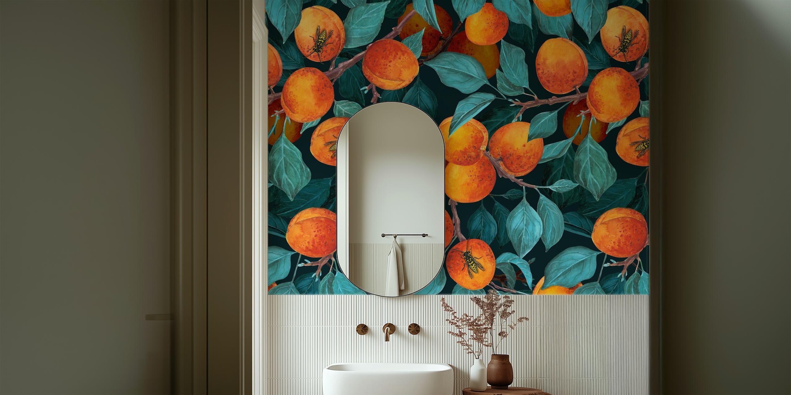 Dojrzałe morele na gałęziach z bujnymi zielonymi liśćmi fototapeta