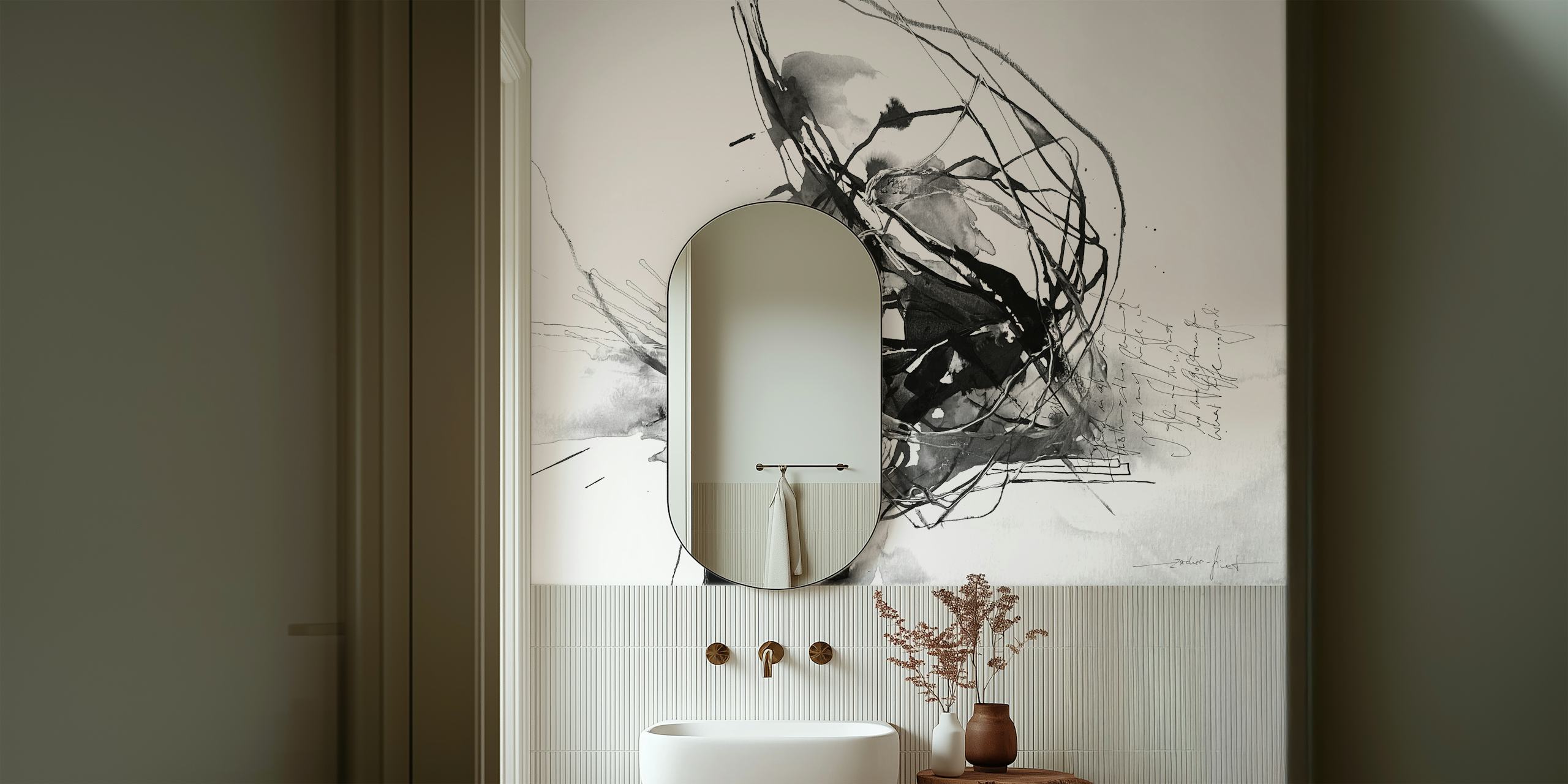 Black abstract art with textured patterns and lines wallpaper