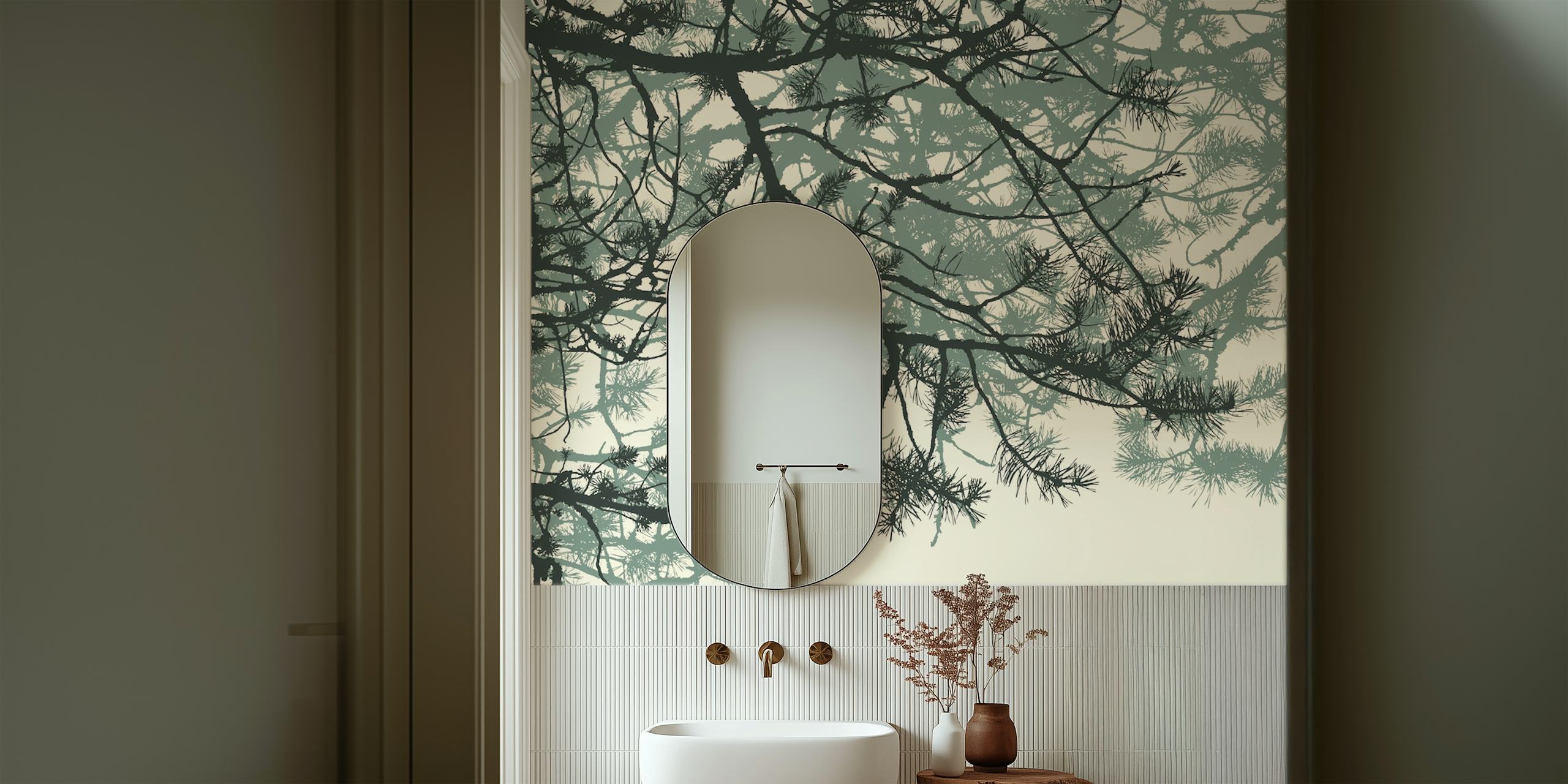 Papel de parede Pine branches exibido em uma sala