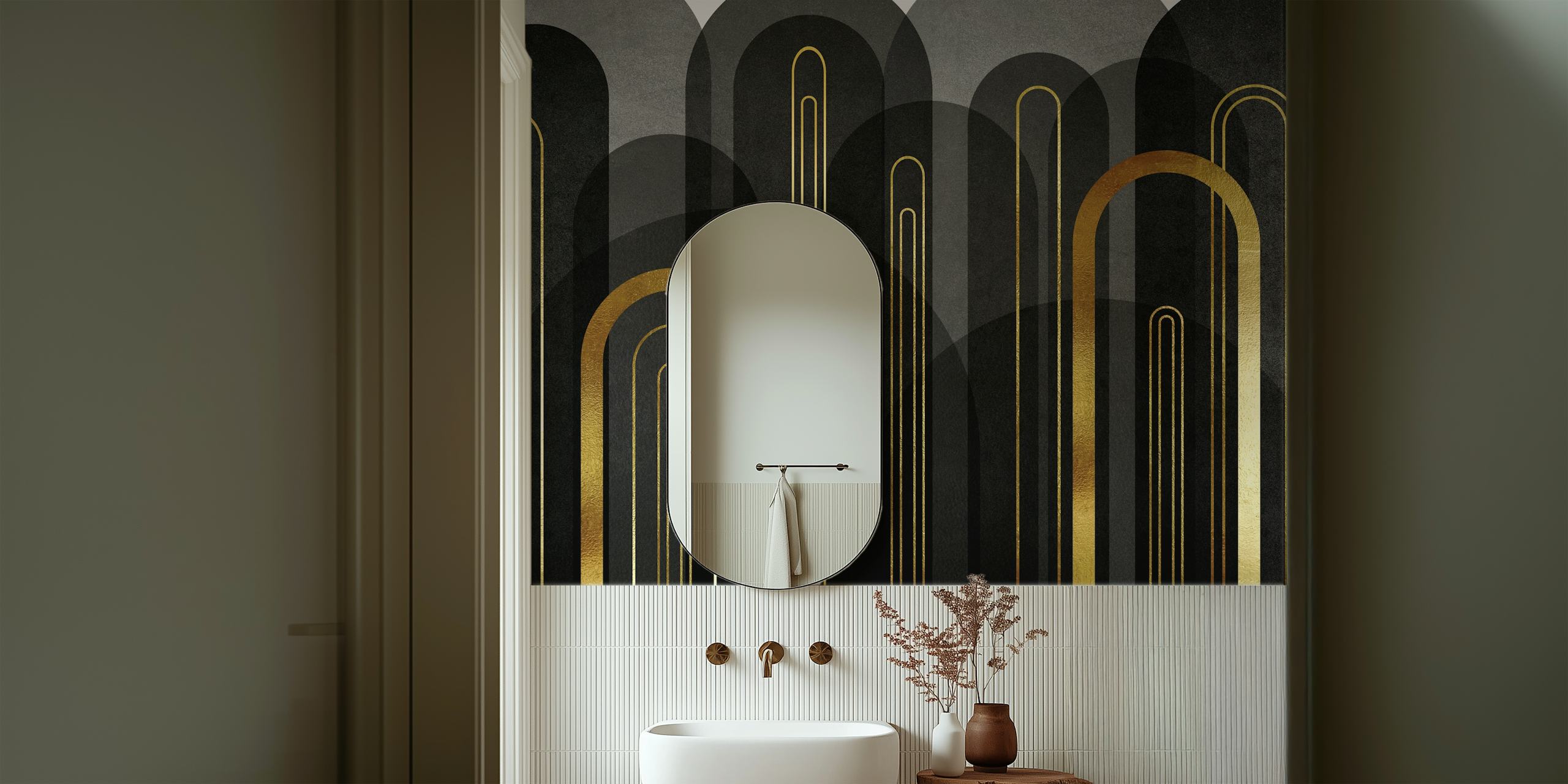 Mural de pared negro y dorado de mediados de siglo con arcos de inspiración art déco