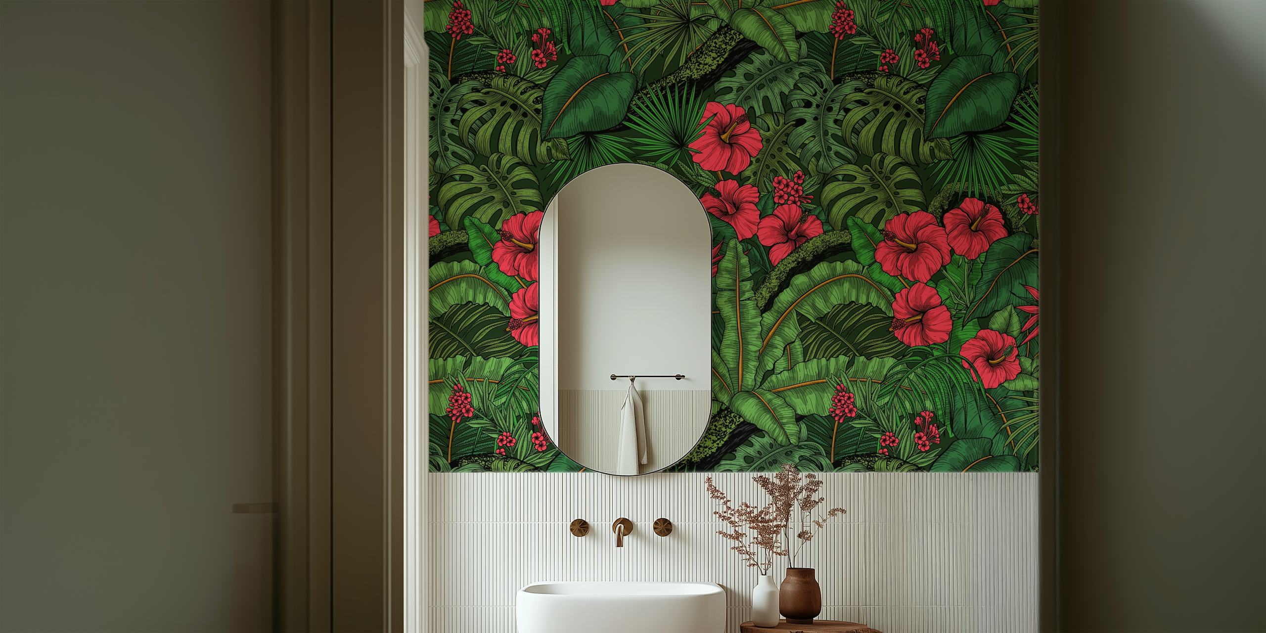 Vibrant tropical garden wall mural with red flowers and lush green leaves