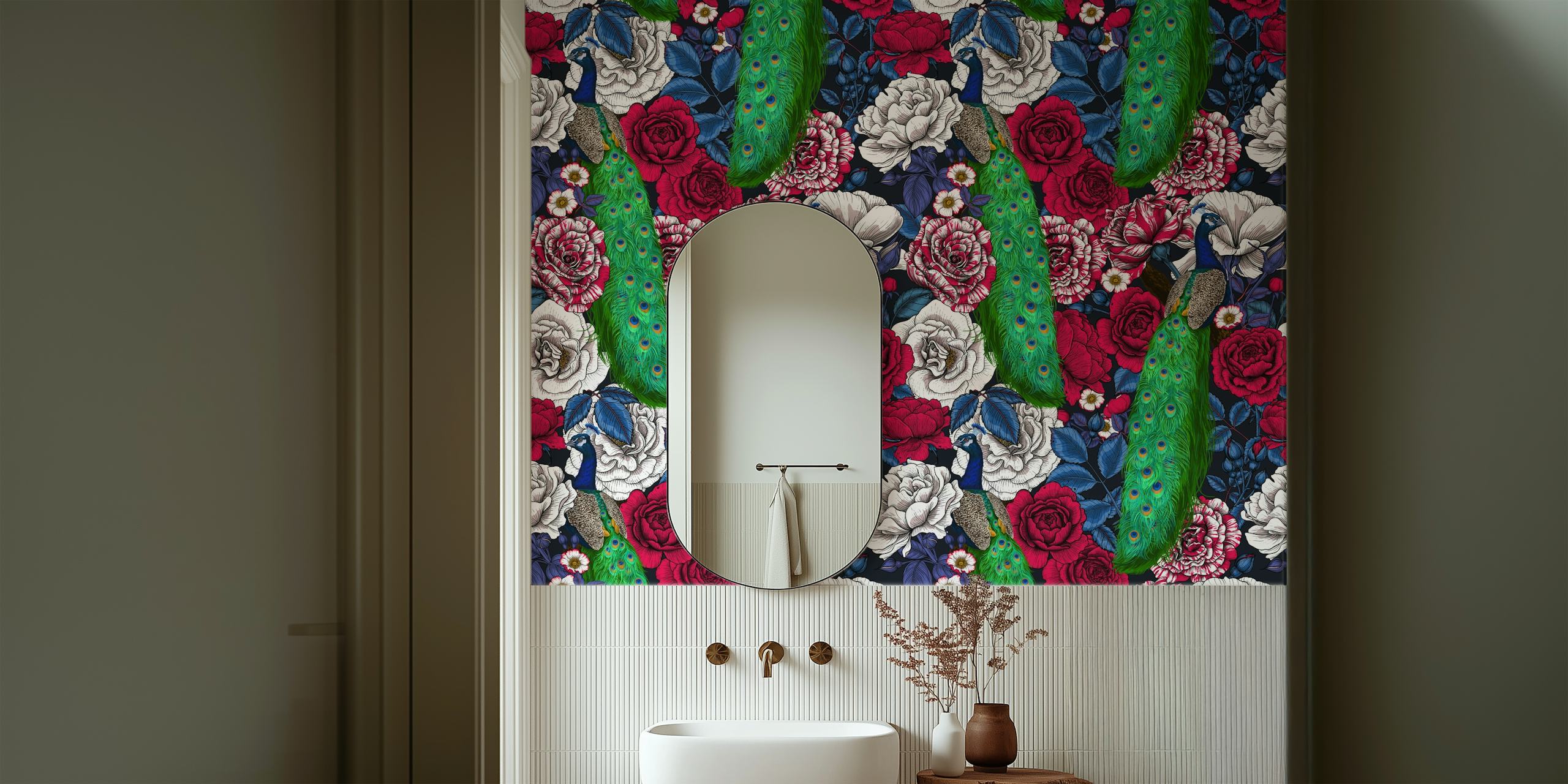 Floral patterns with peacocks featuring deep reds and greens wallpaper
