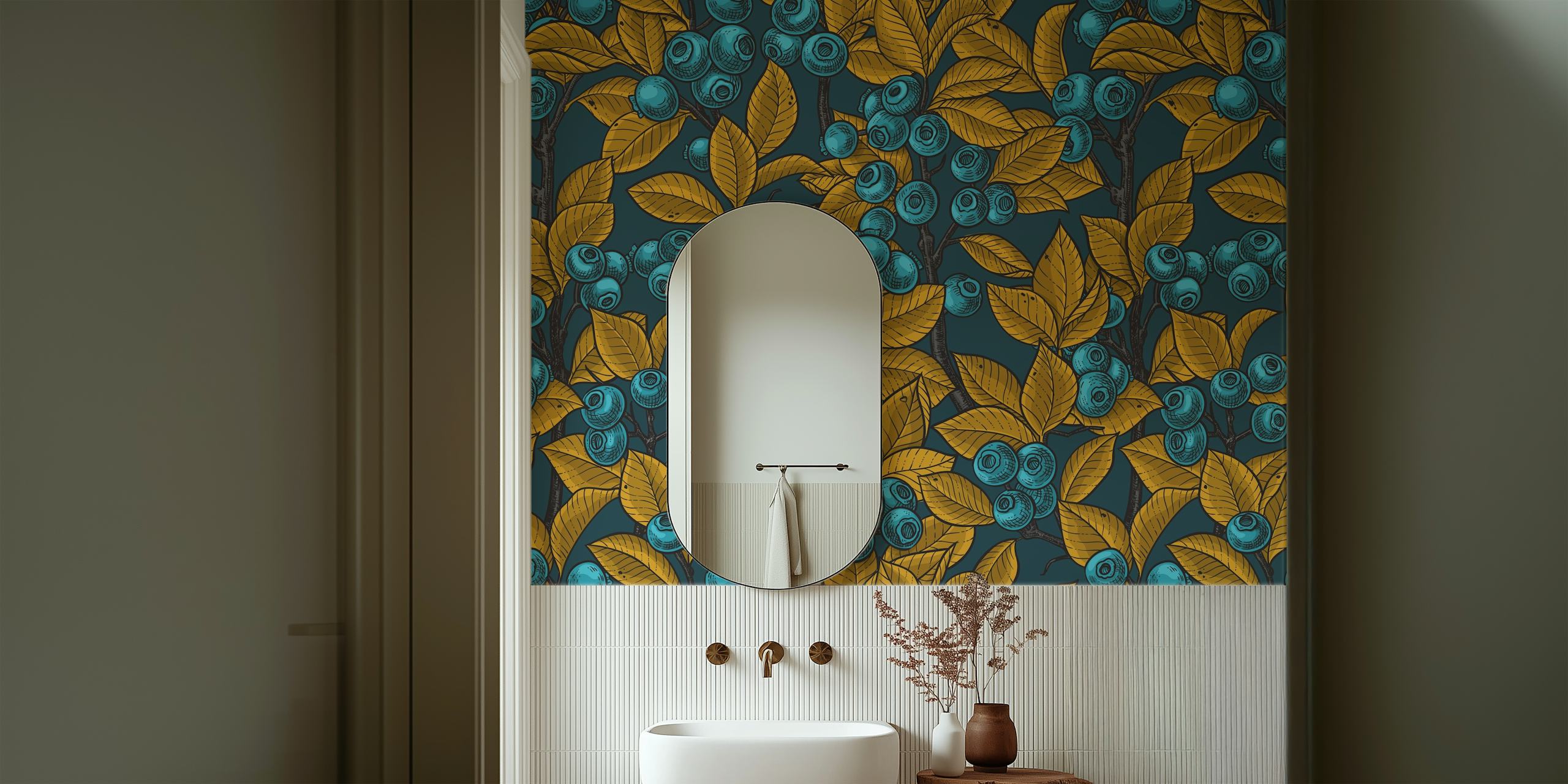 Blueberry Garden 4 wall mural with ripe blueberries and yellow leaves on a dark background