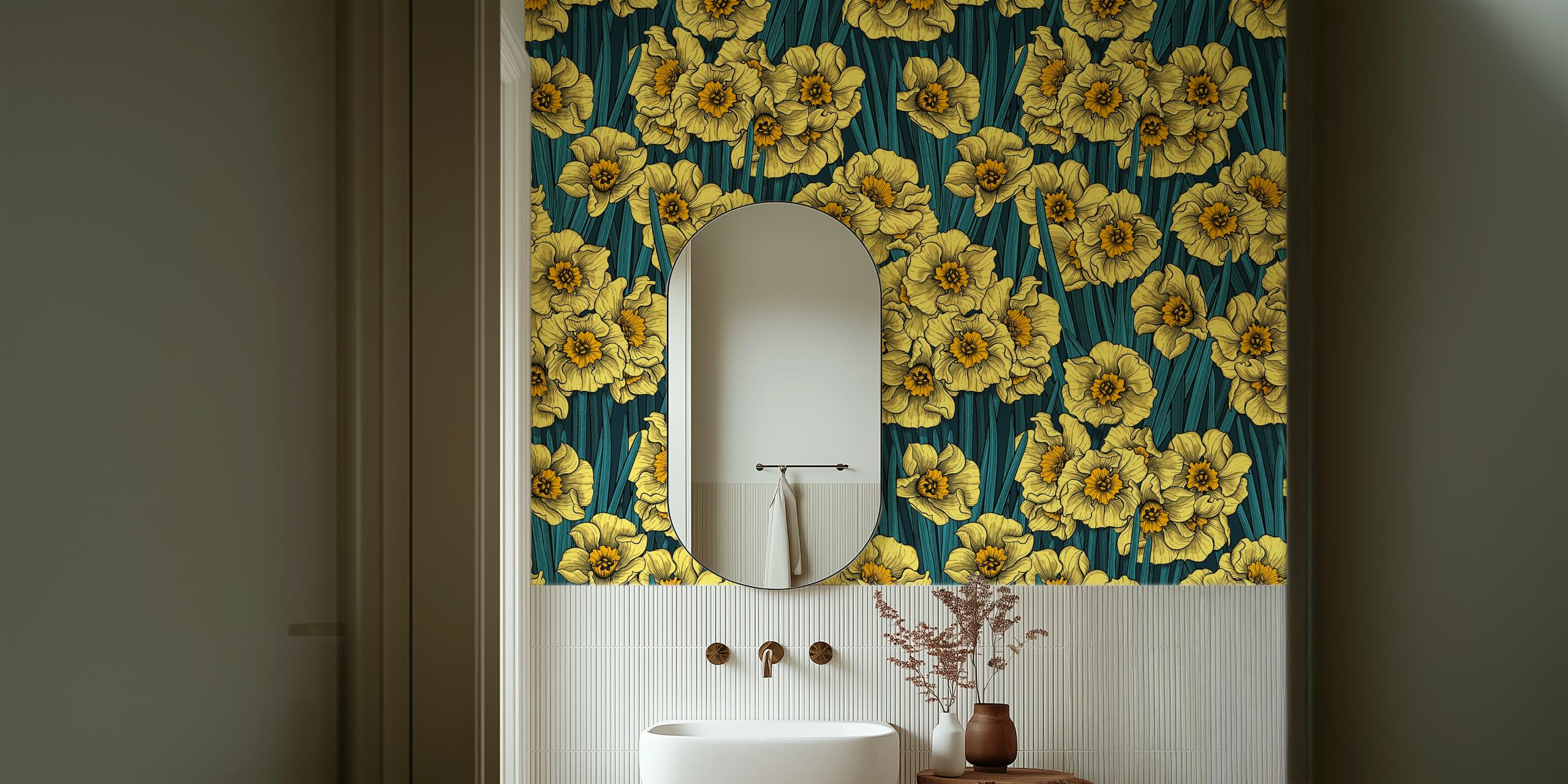 Golden daffodils on teal background wall mural