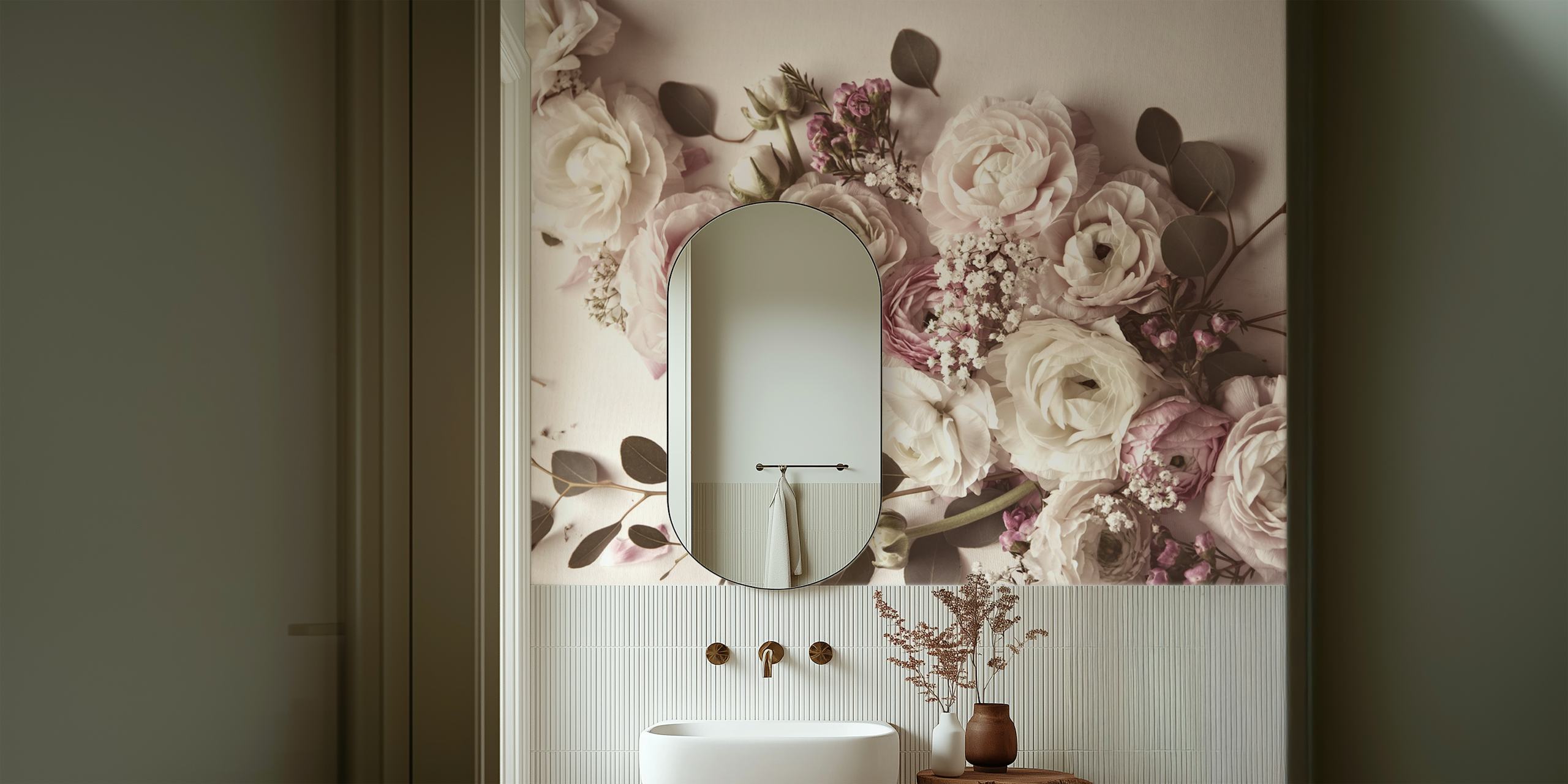 Pink and white flowers with eucalyptus leaves floral wallpaper