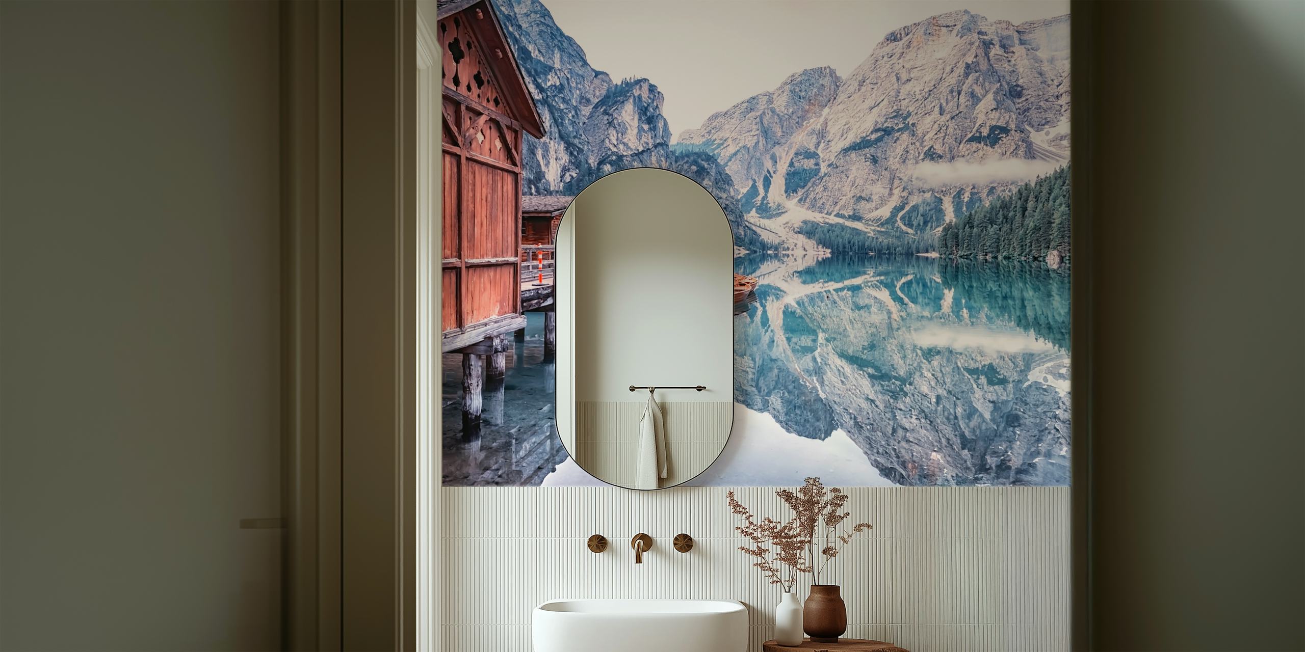 Mountain lake reflection with wooden cabin and boats wallpaper