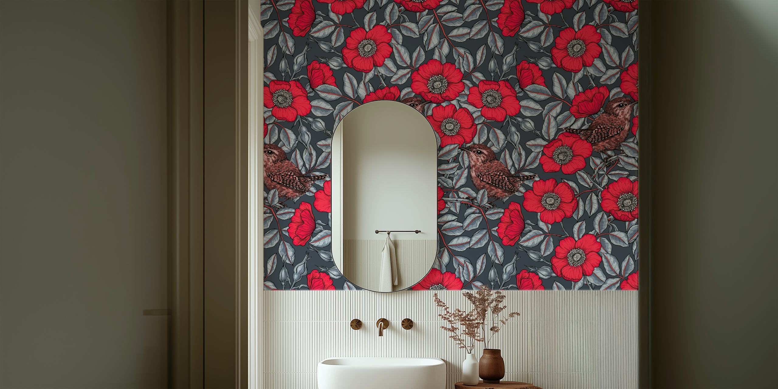 Wren birds among vibrant red flowers with green leaves wallpaper