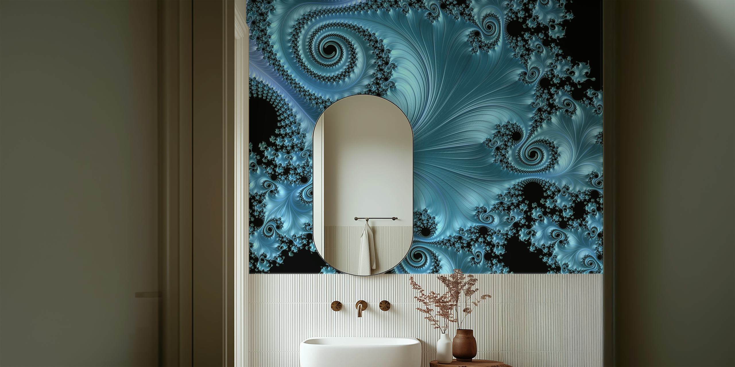 Abstract blue wave fractal wall mural design with swirling patterns and shades of blue