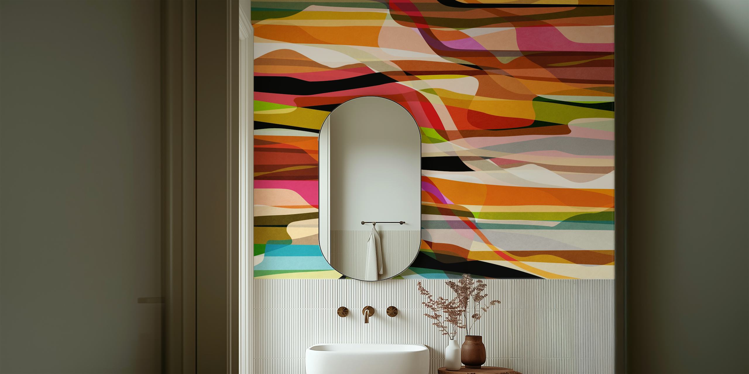 Colorful abstract wave patterns in orange, pink, green, and blue wallpaper