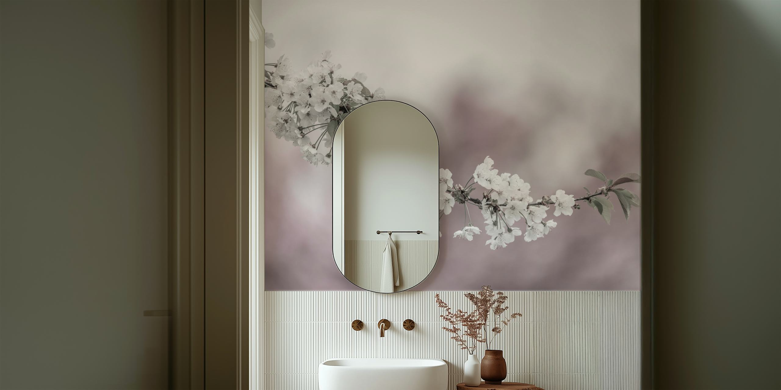 Cherry blossom branch in a soft-focus black and white photography wall mural