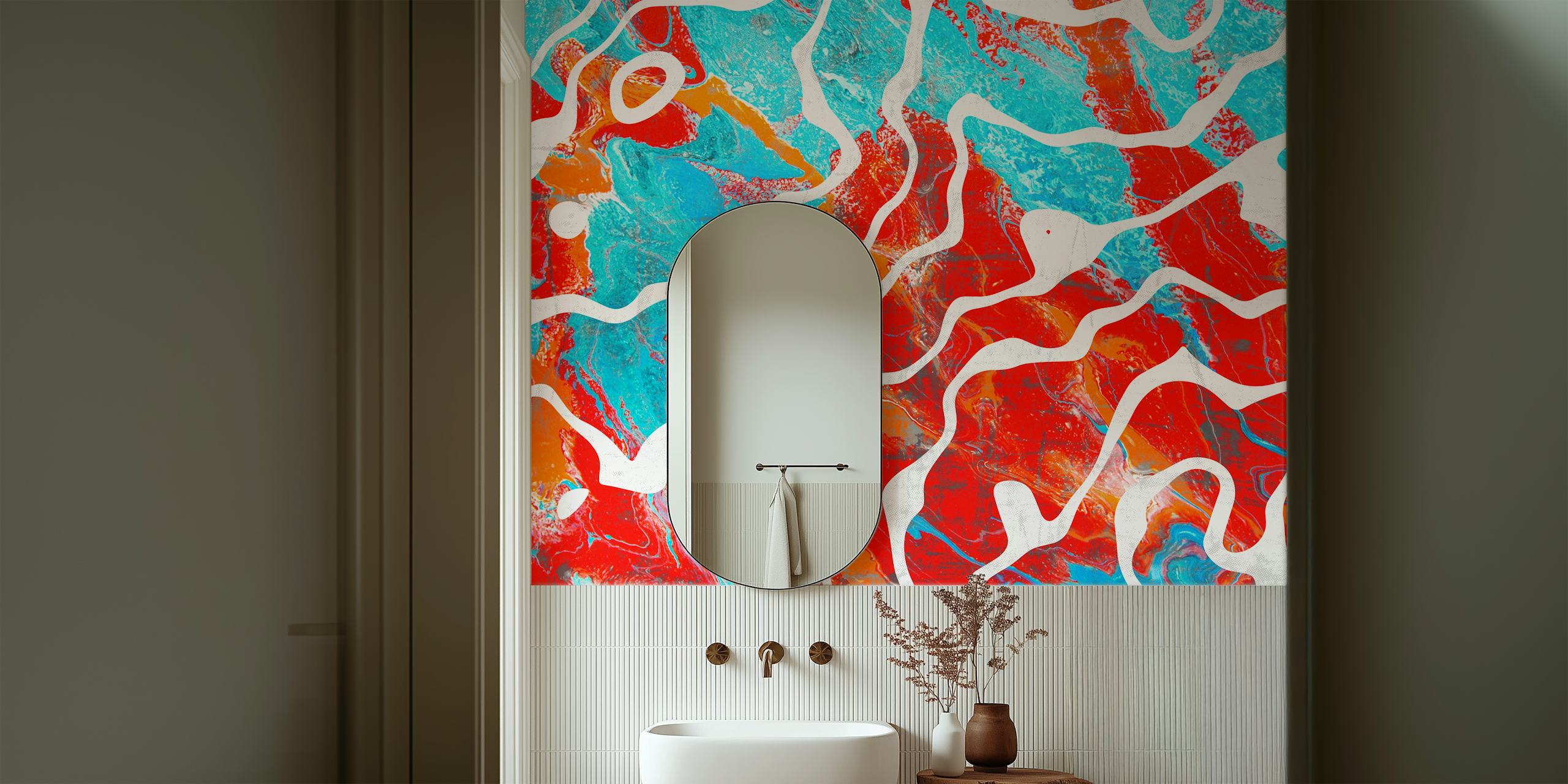 Colorful abstract waves pattern in red, blue, and white wallpaper