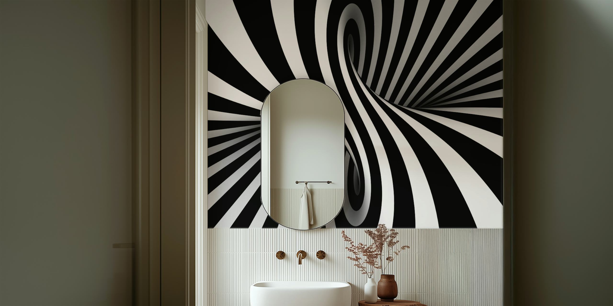3D illusion wallpaper featuring black and white dynamic stripes