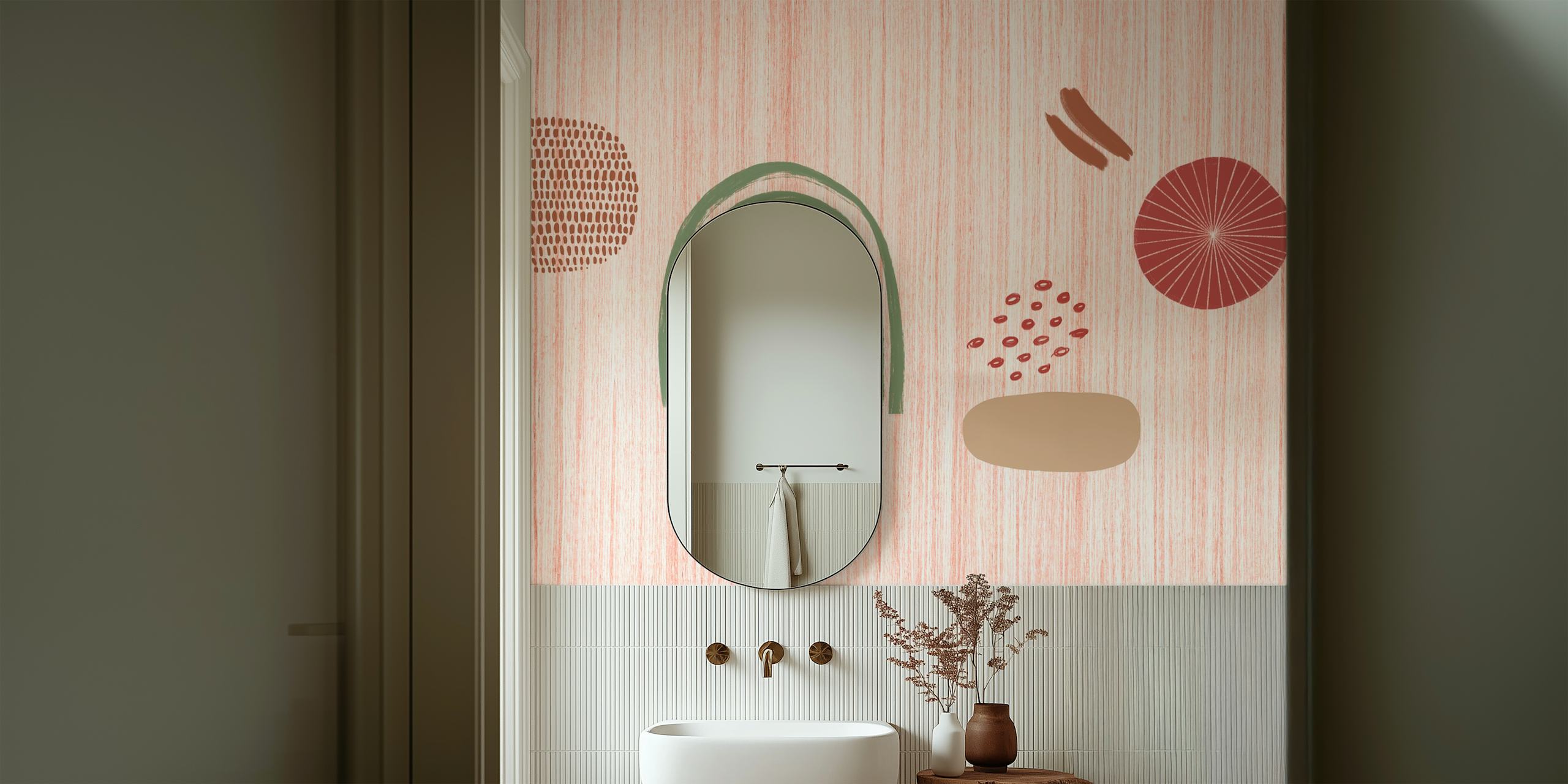 Abstract shapes with warm colors like pink, green, brown, and beige wallpaper