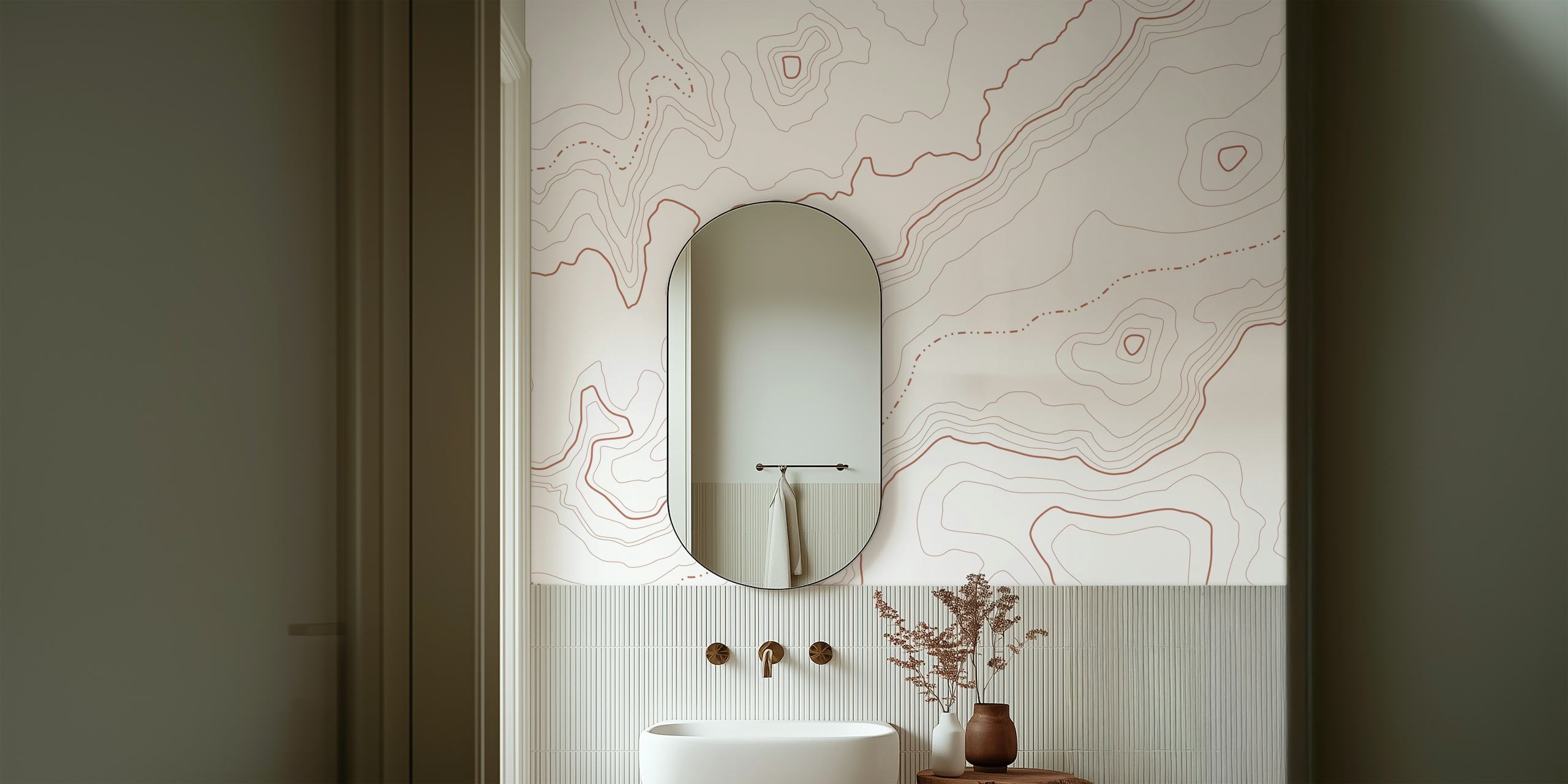 Red topographical map wallpaper in a room