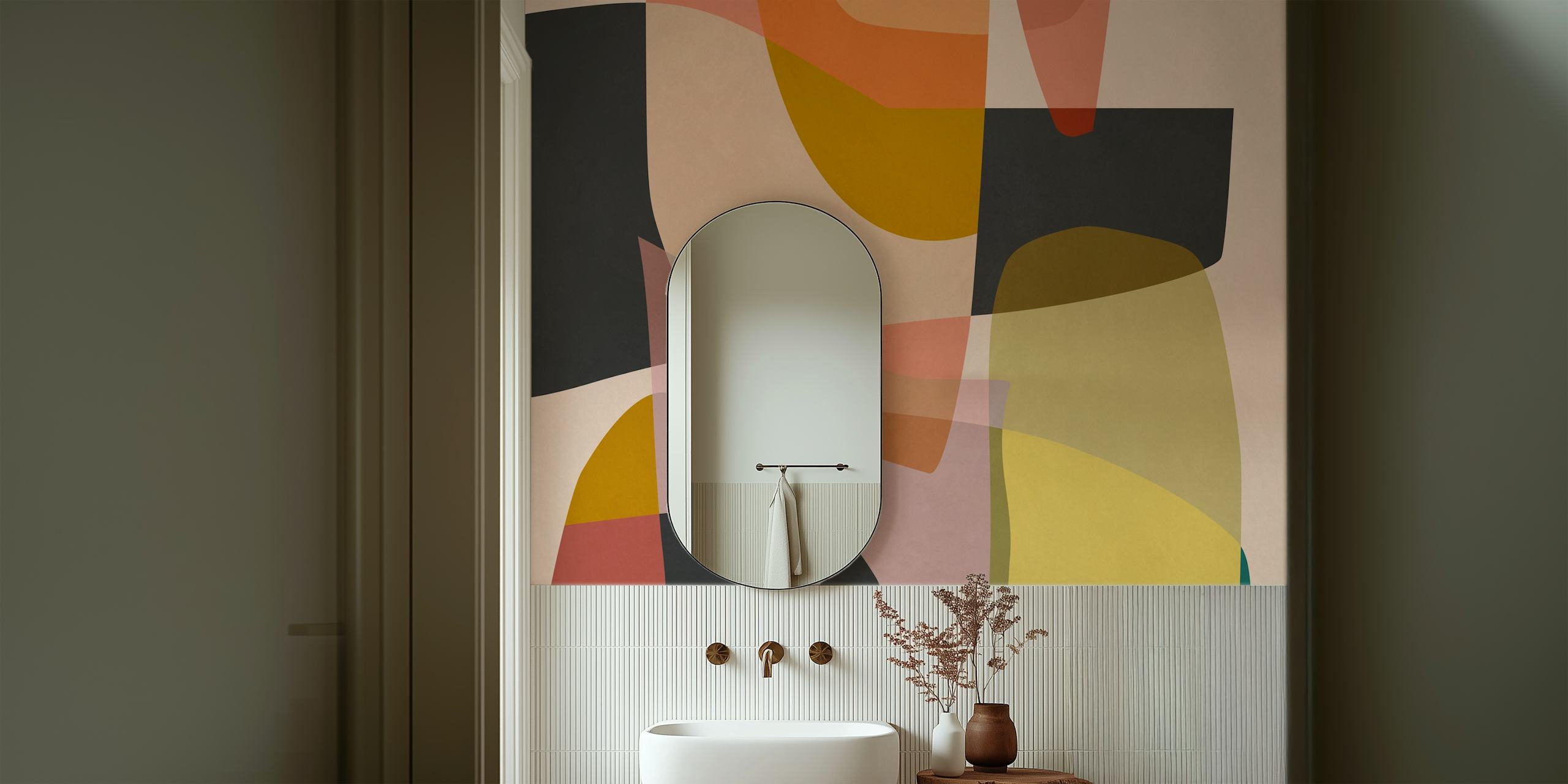 Colorful overlapping shapes in orange, pink, yellow, and black abstract wallpaper