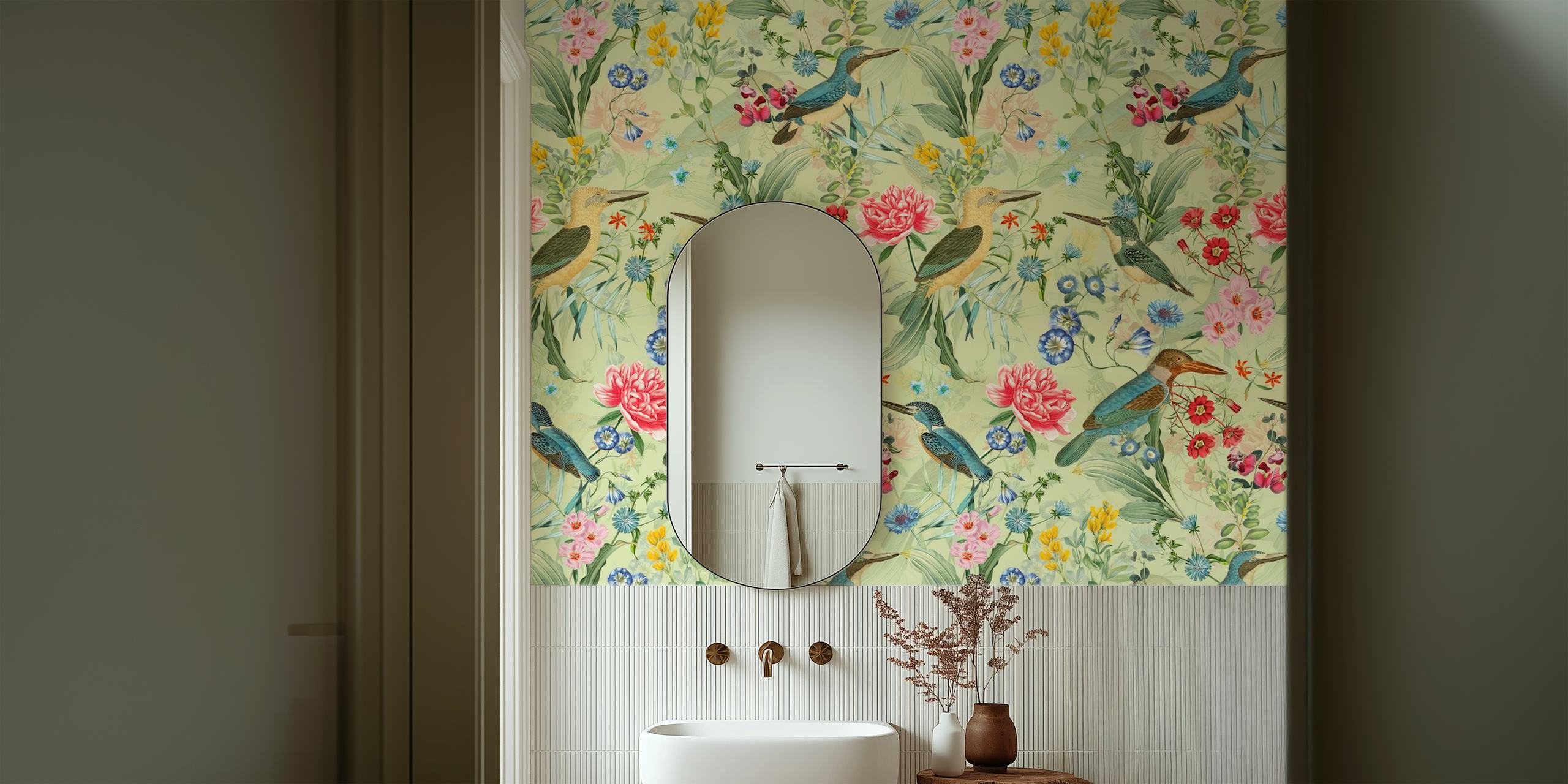 Vintage kingfishers wallpaper in a room