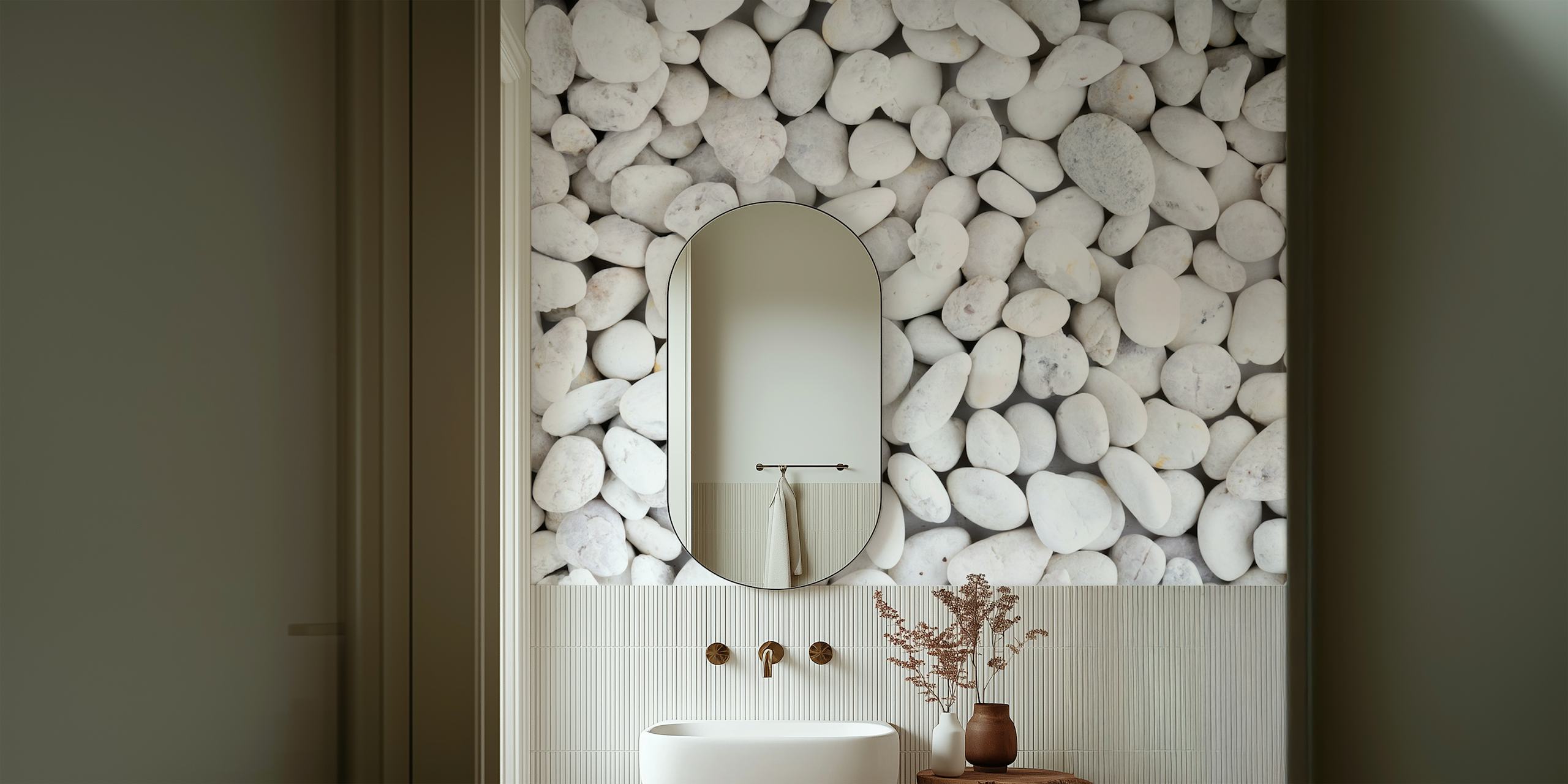 Wall mural of smooth white pebbles creating a tranquil, textured look