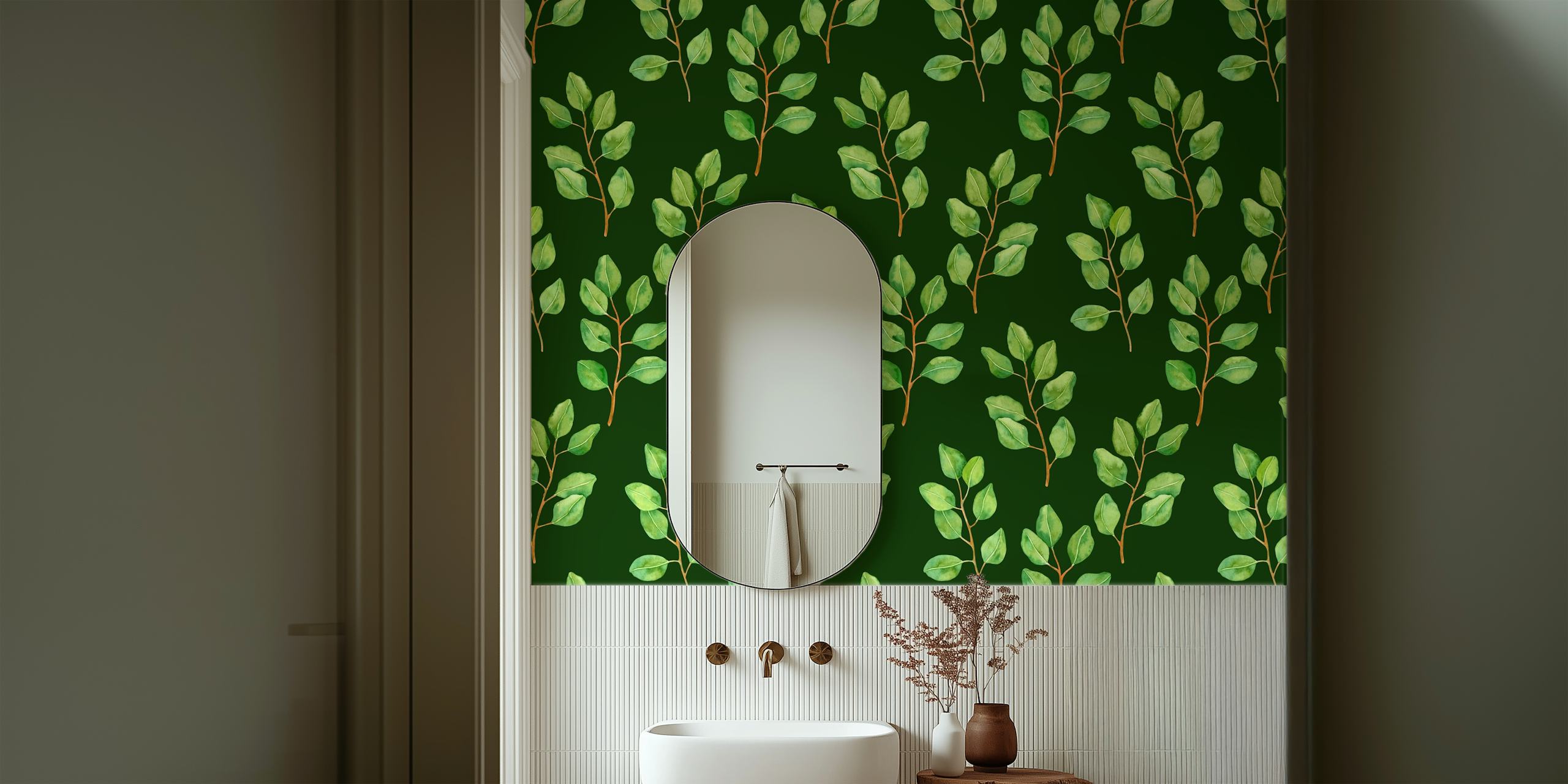 Eucalyptus watercolor wallpaper in a room setting