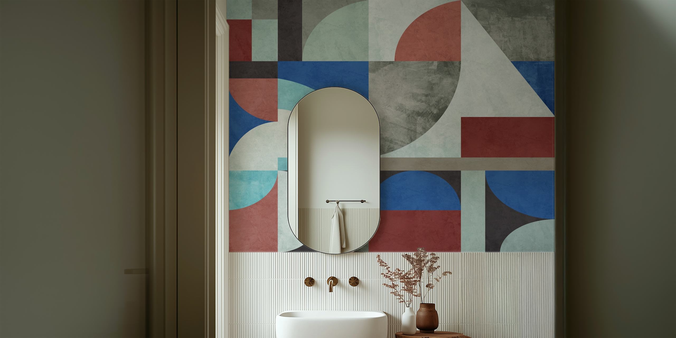 Colorful abstract geometric design with blue, red, and gray wallpaper