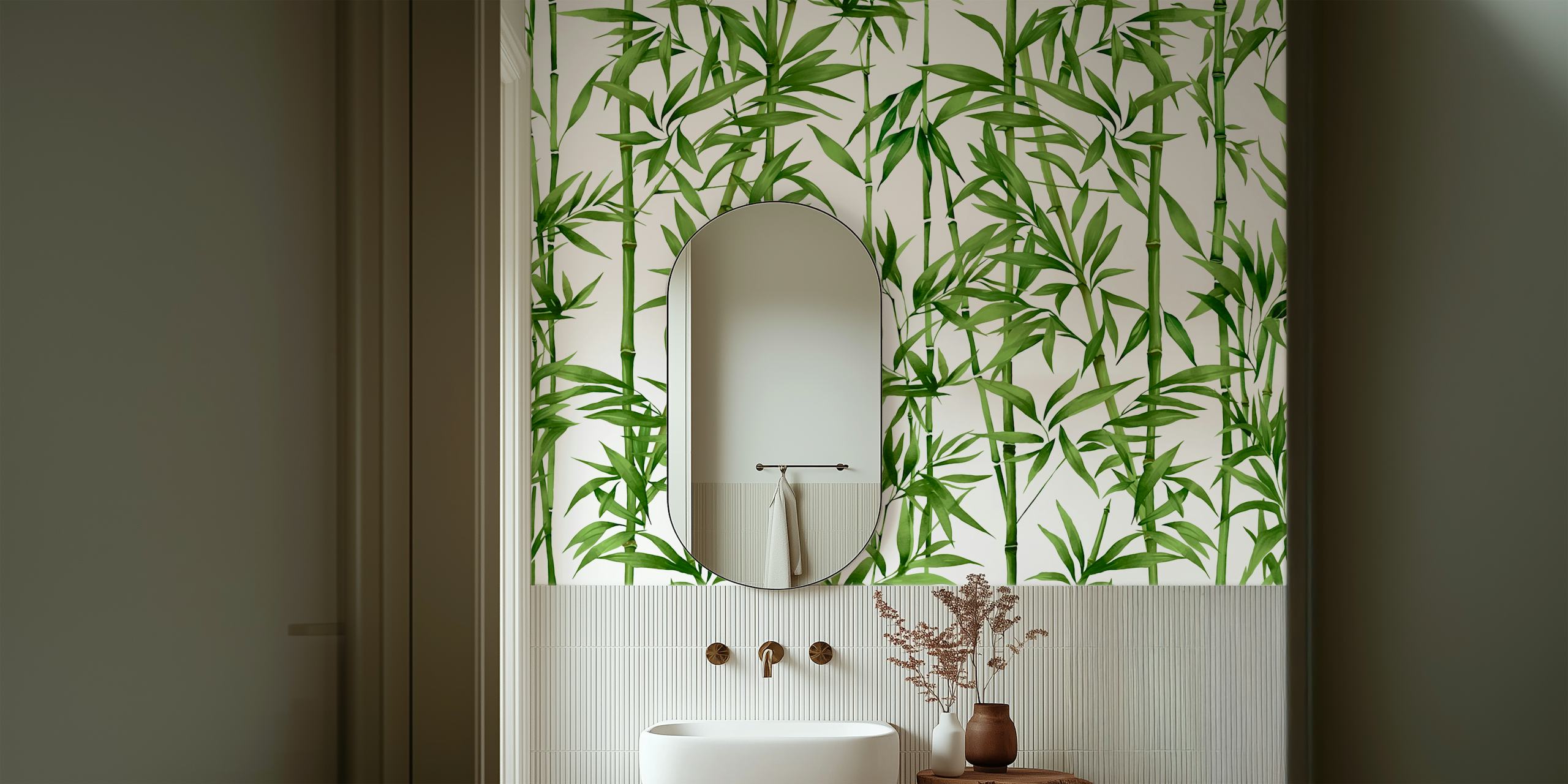Groene bamboe met witte achtergrond, botanisch patroon wallpaper