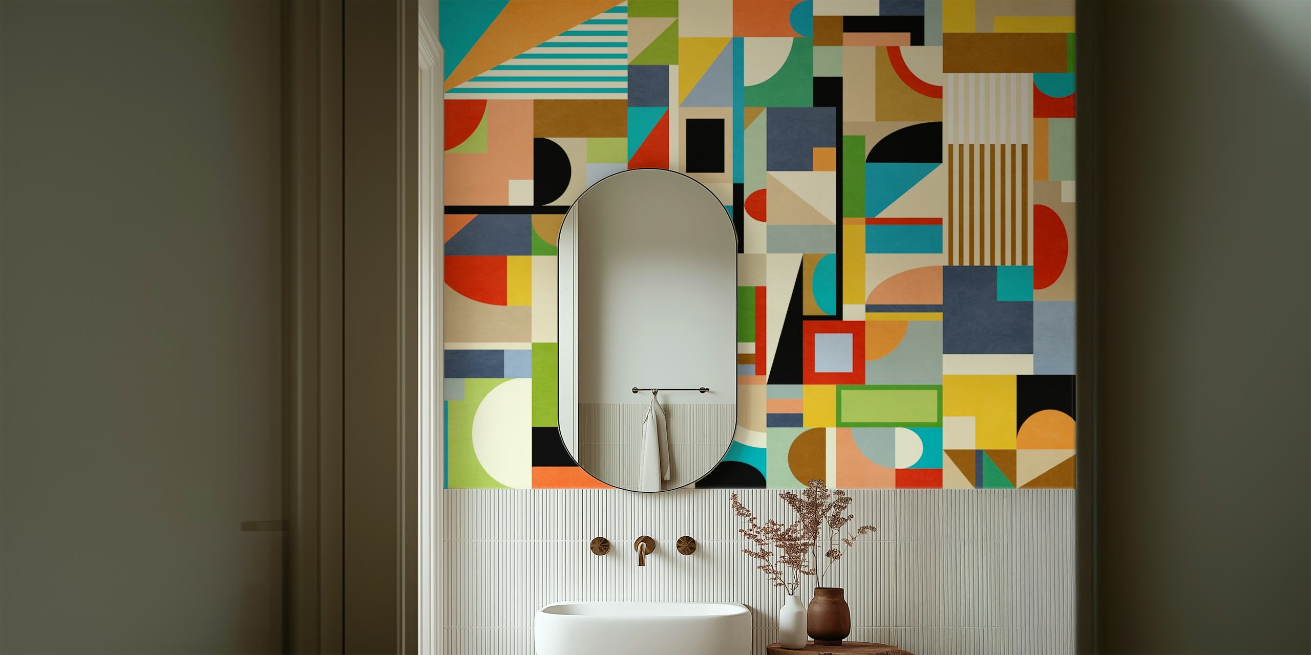 Colorful abstract geometric wallpaper displayed in a room
